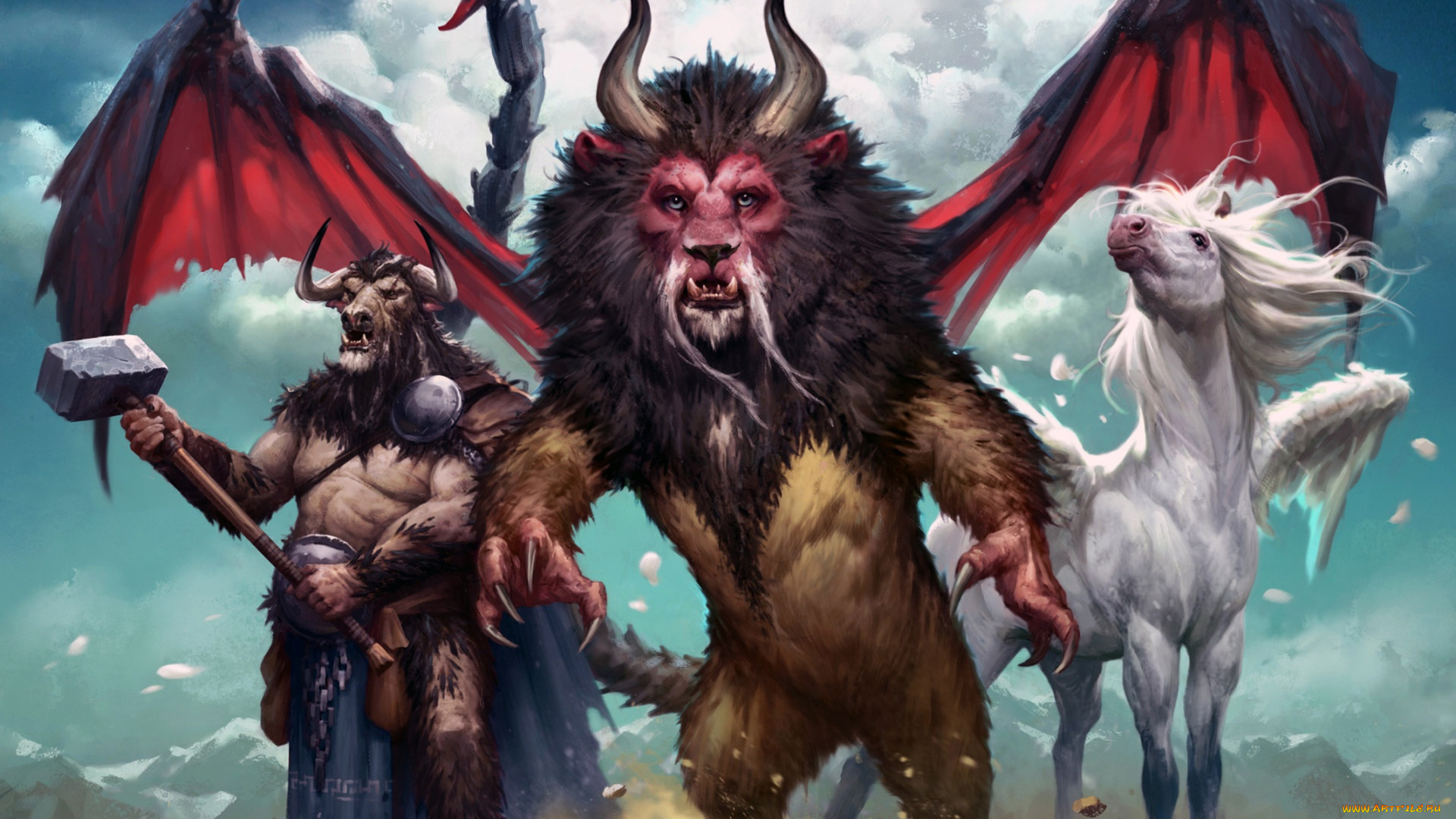 фэнтези, существа, минотавр, пегас, монстры, мутанты, крылья, рога