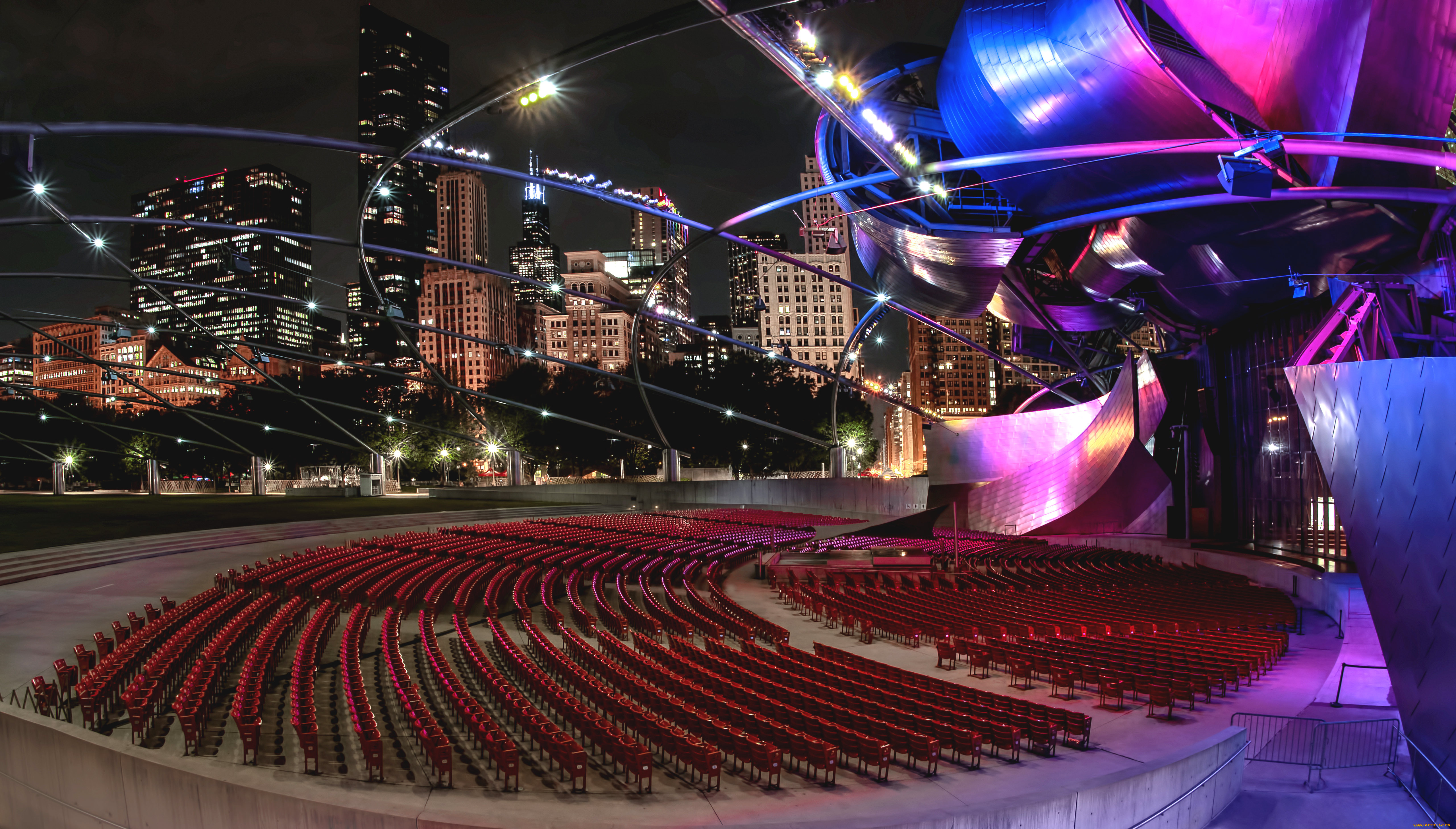 города, чикаго, , сша, pritzker, pavilion, ночь, чикаго