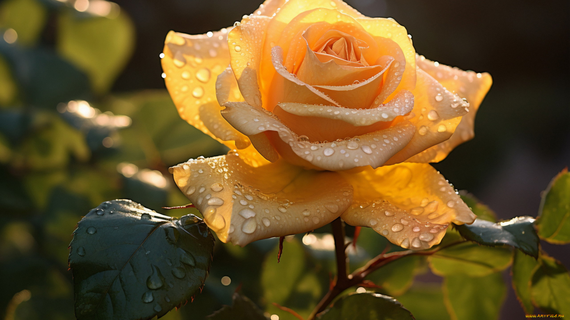 цветы, розы, желтая, роза, капли, макро