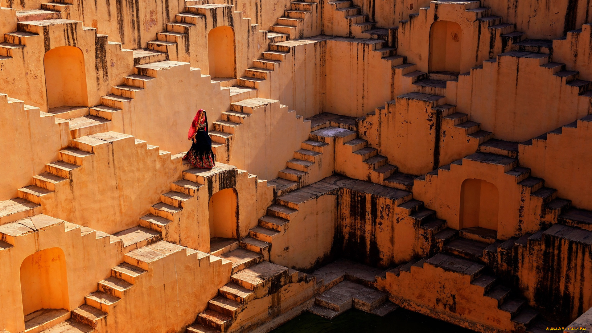 разное, элементы, архитектуры, индия, на, открытом, воздухе, здание, лестница, женщины, stepwell