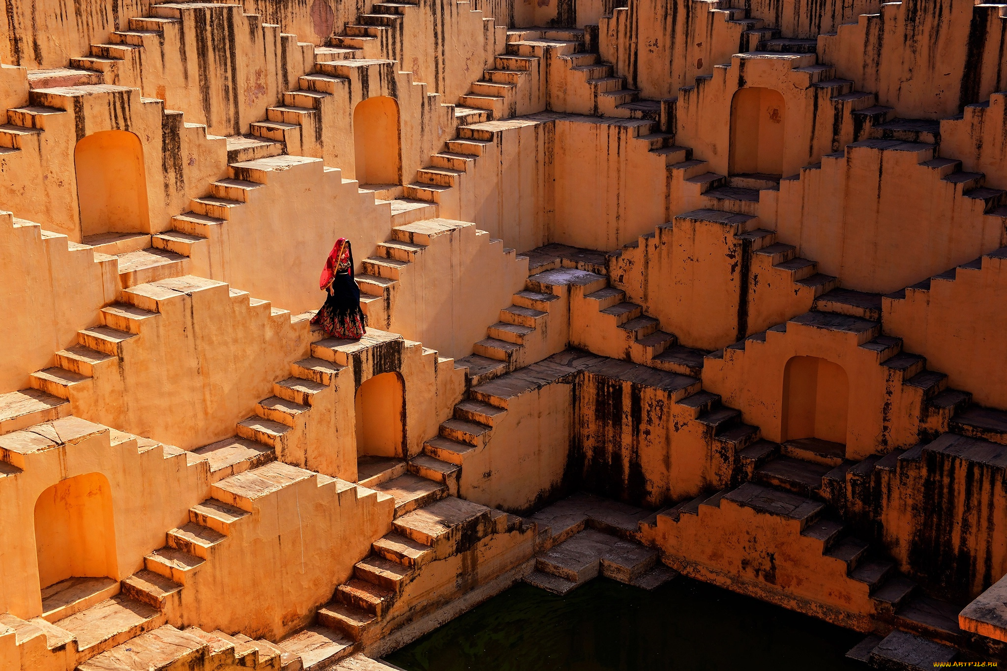 разное, элементы, архитектуры, индия, на, открытом, воздухе, здание, лестница, женщины, stepwell