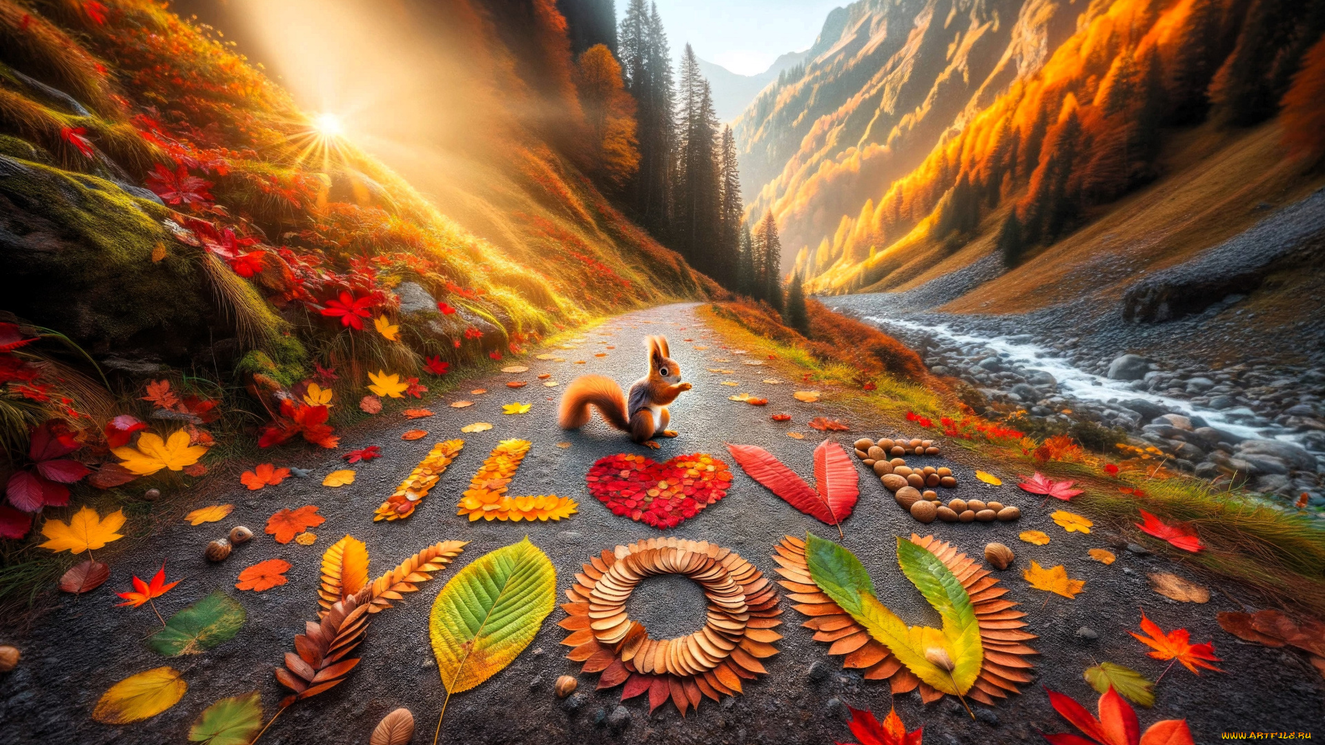 3д, графика, романтика, , romantics, горы, лес, солнце, осень, ручей, белка, дорога, листья, надпись