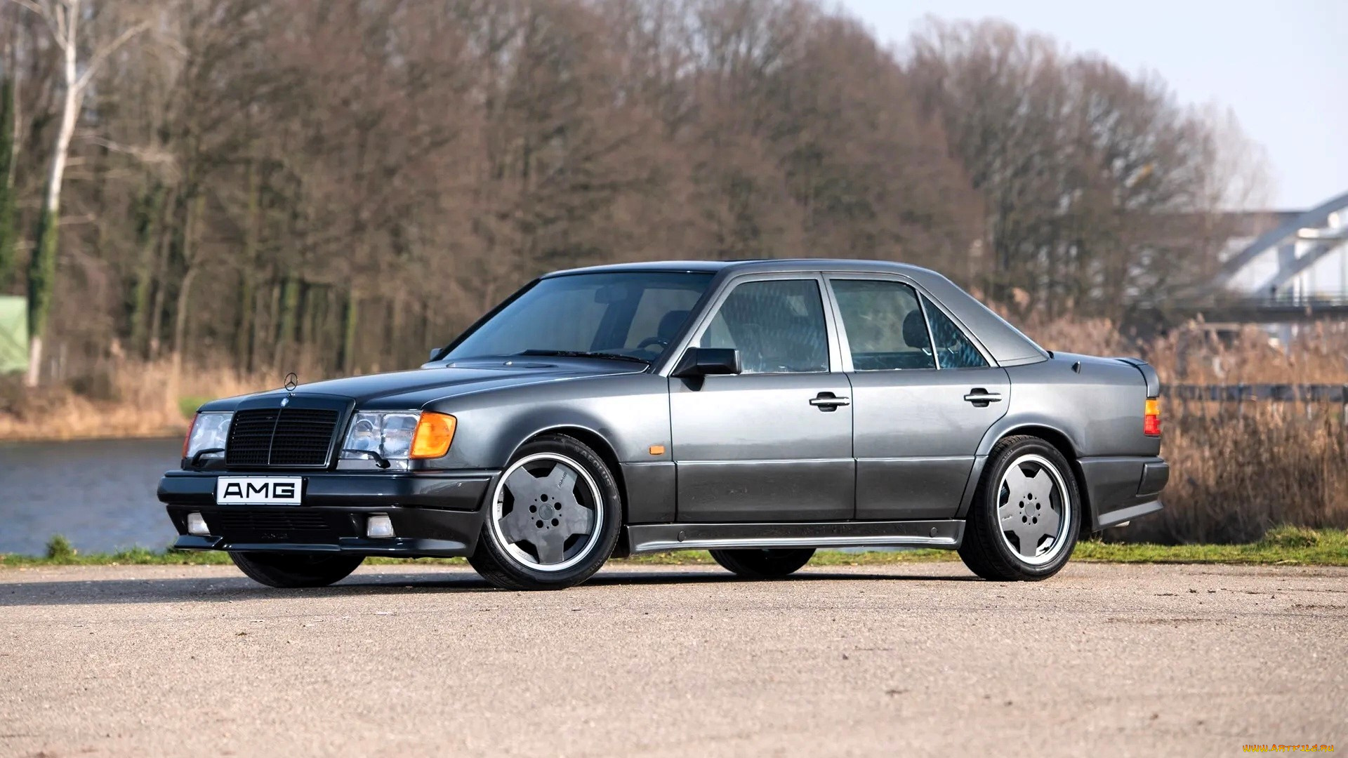 автомобили, mercedes-benz, серебристый, площадка, озеро, деревья