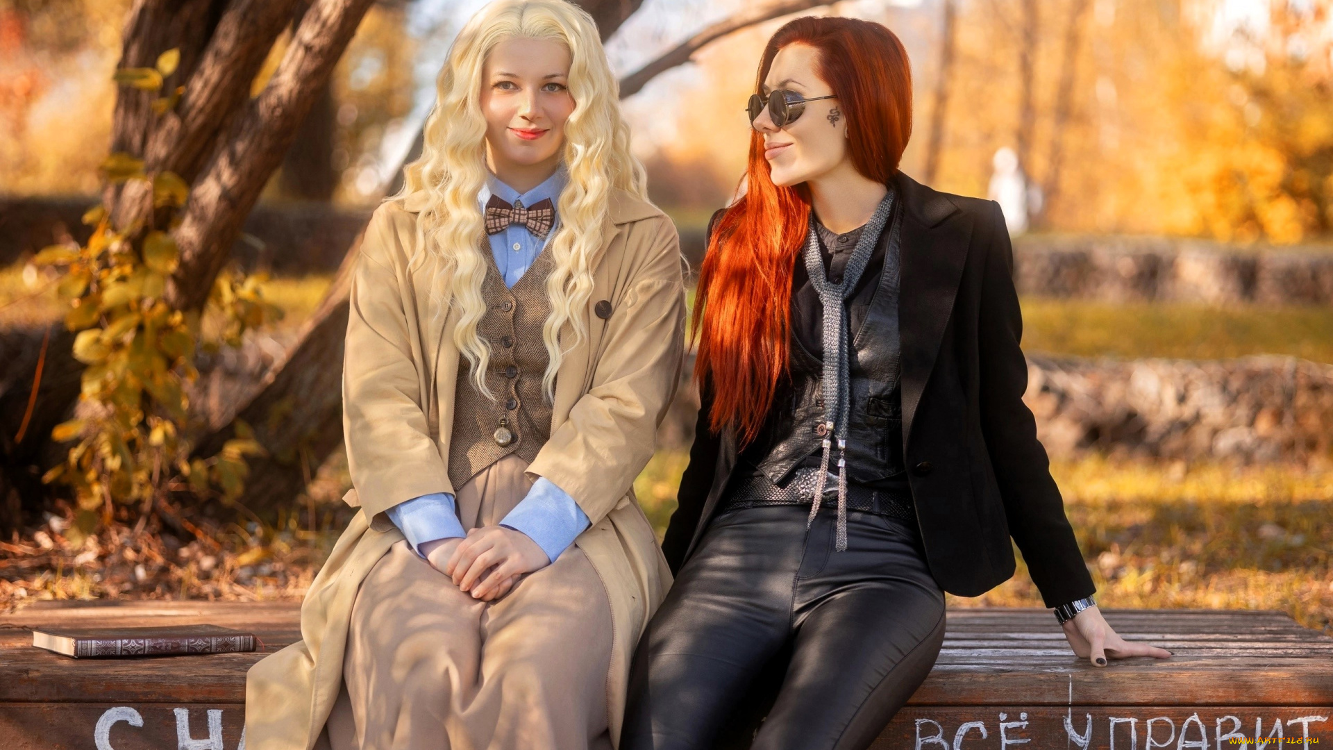девушки, -, креатив, , косплей, подруги, образы, косплей, наряды, скамейка, книга, осень