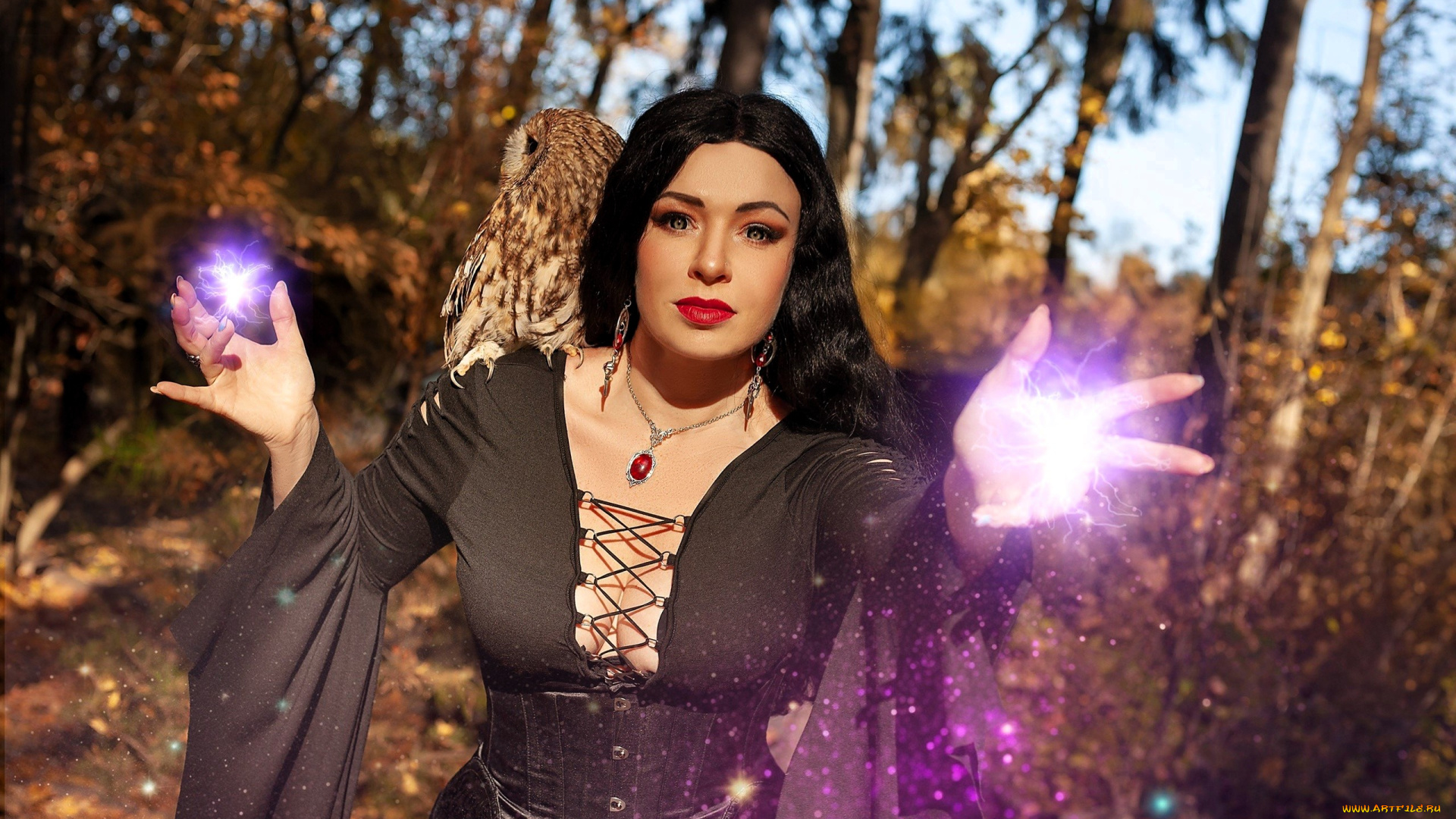девушки, юлия, огородникова, образ, косплей, наряд, платье, ведьма, магия, сова, лес, осень