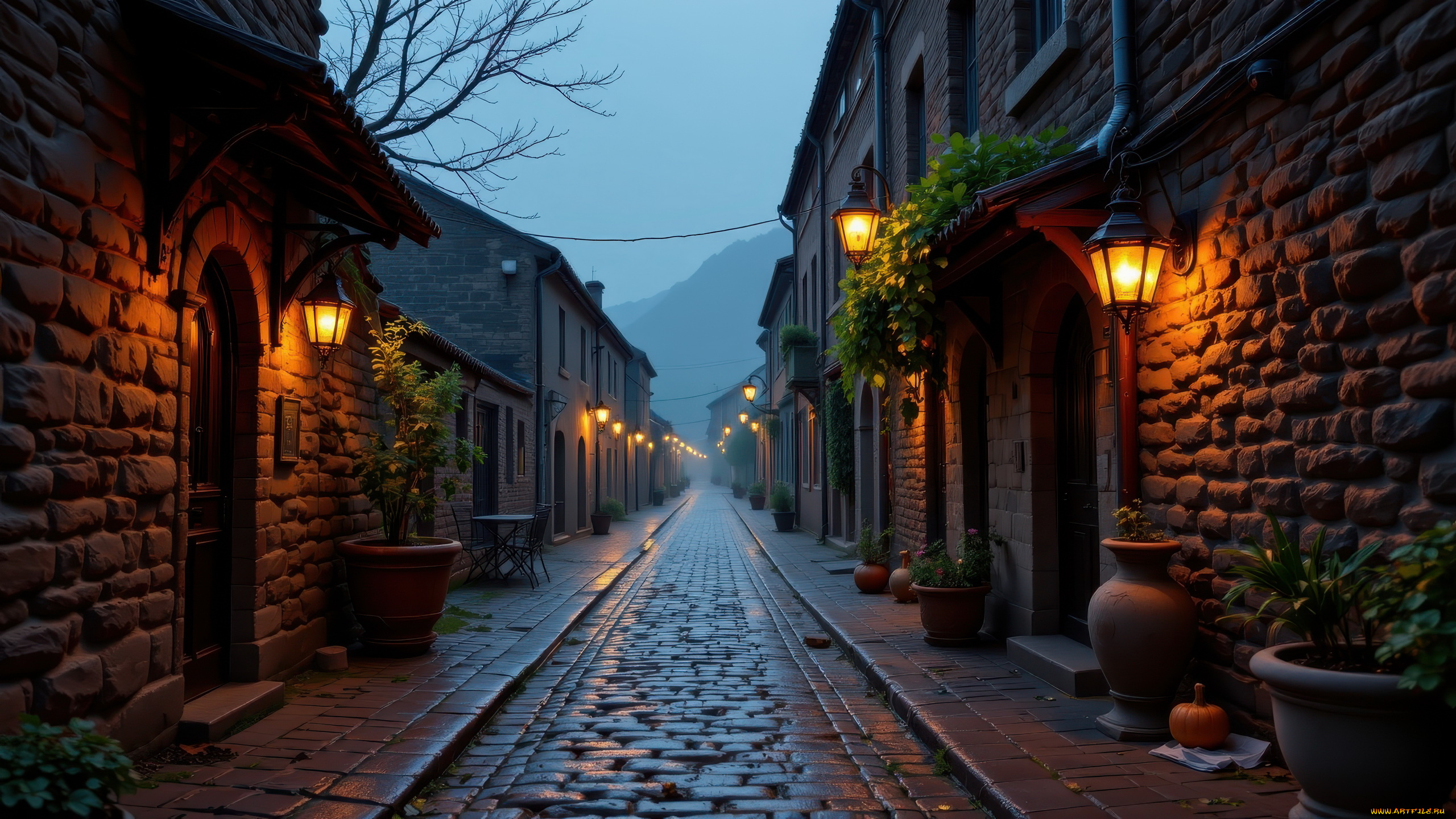 3д, графика, реализм, , realism, улица, каменные, здания, вечер, фонари