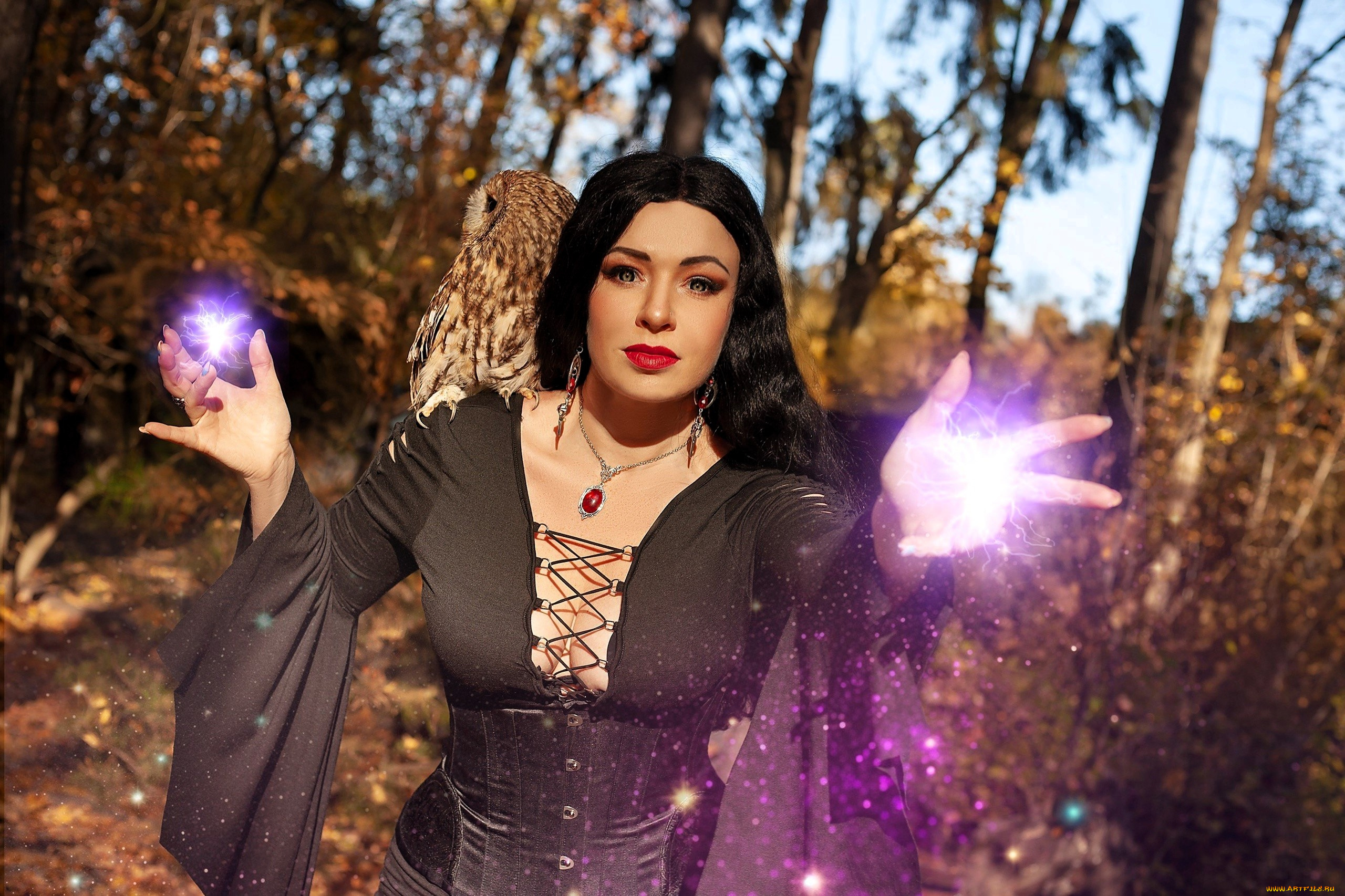 девушки, юлия, огородникова, образ, косплей, наряд, платье, ведьма, магия, сова, лес, осень