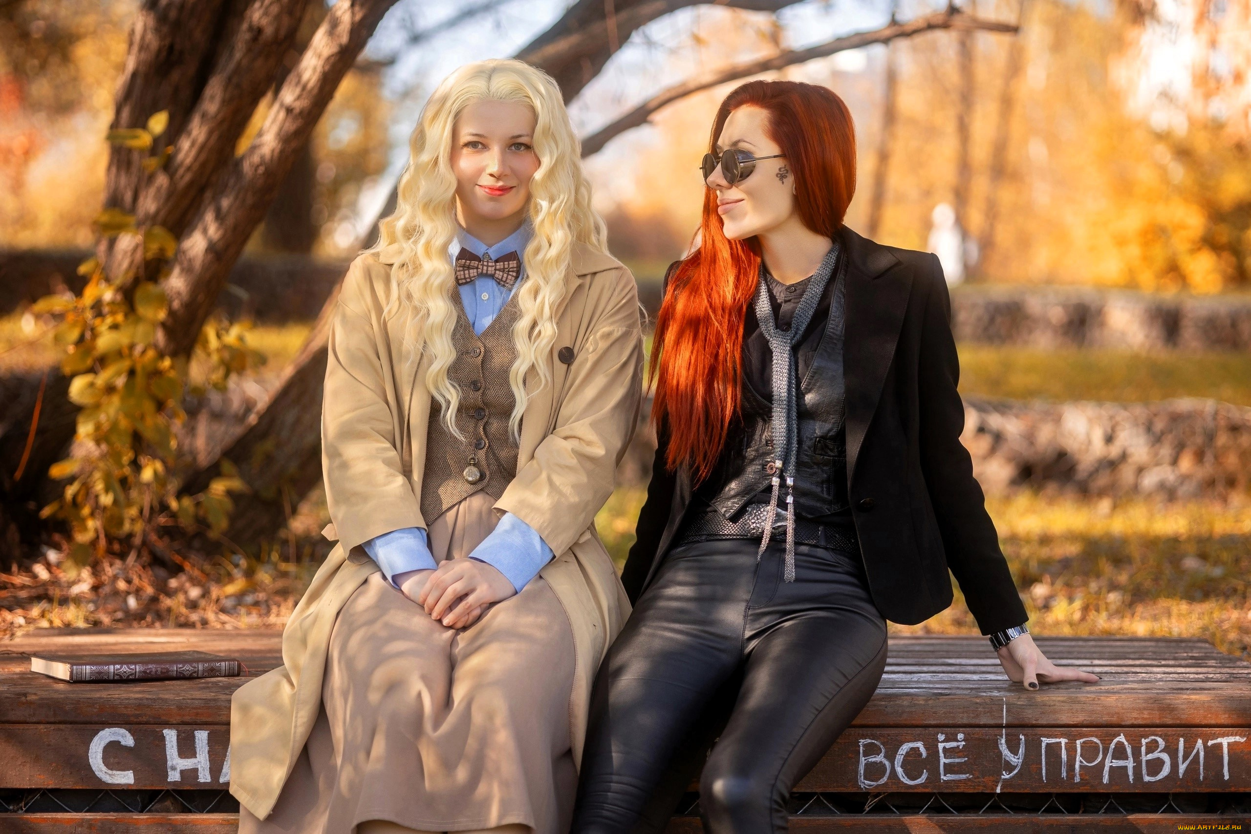 девушки, -, креатив, , косплей, подруги, образы, косплей, наряды, скамейка, книга, осень