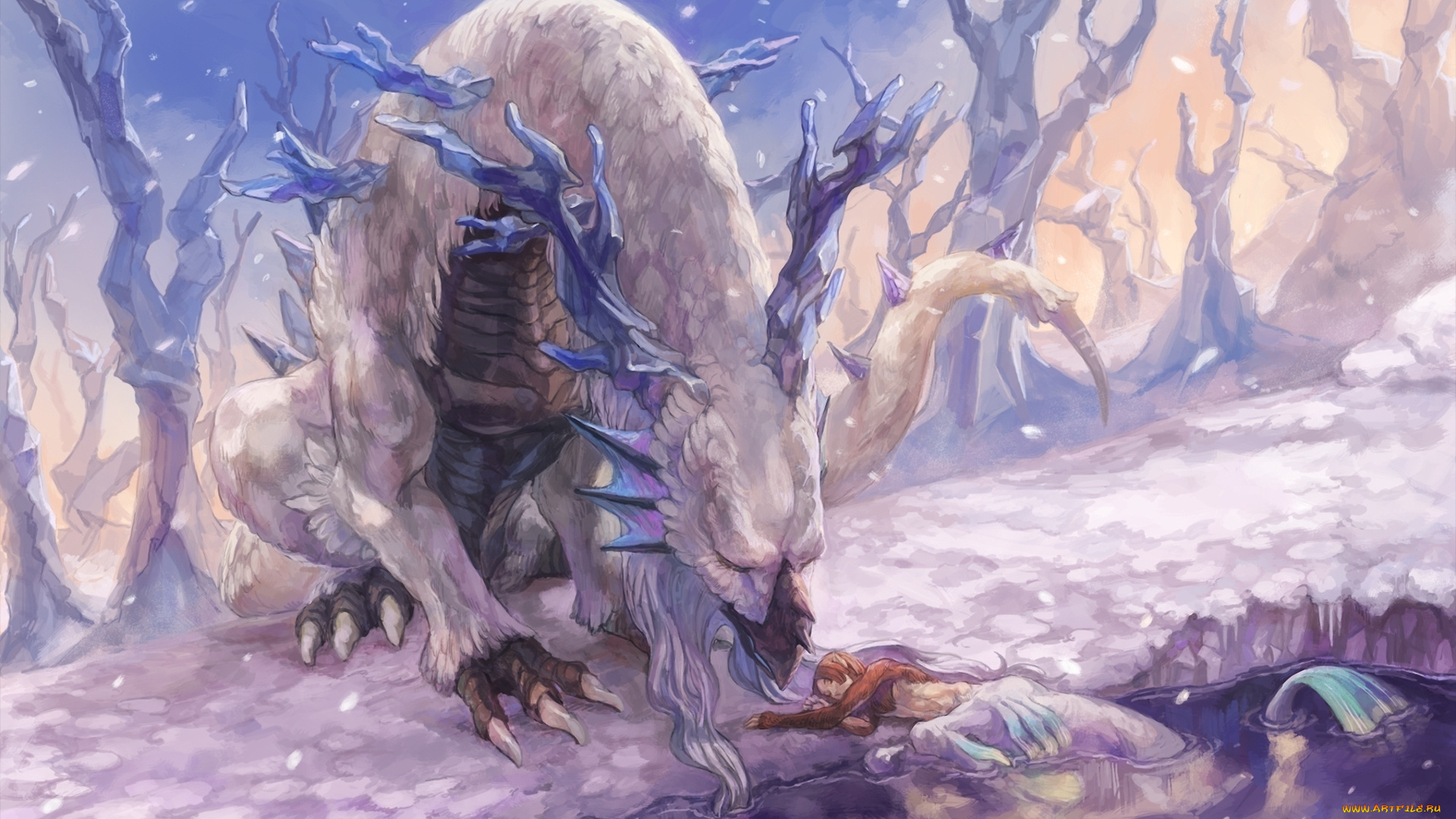 аниме, angels, demons, дракон, эльф, озеро, снег, лес, белый, рога, хвост