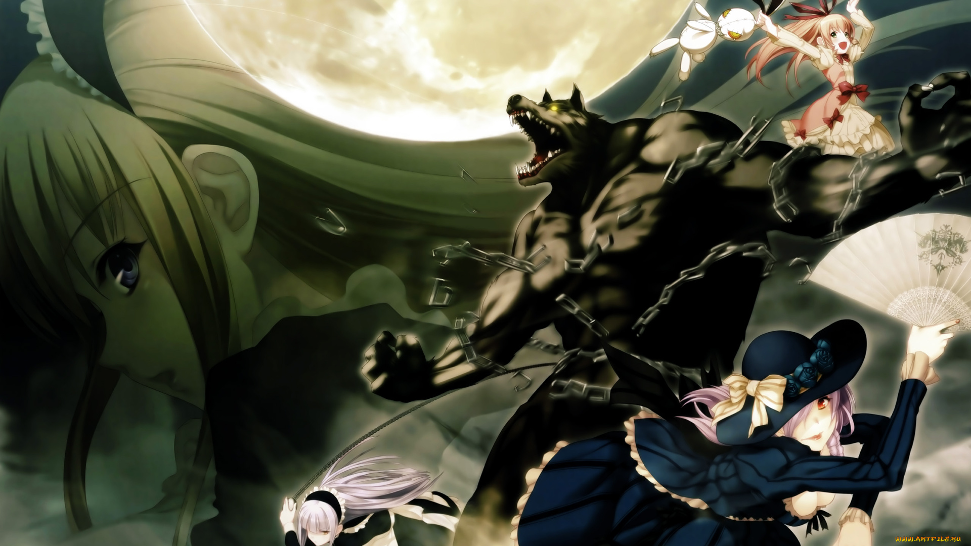 аниме, gekkou, no, carnevale, луна, цепи, оборотень, девушки