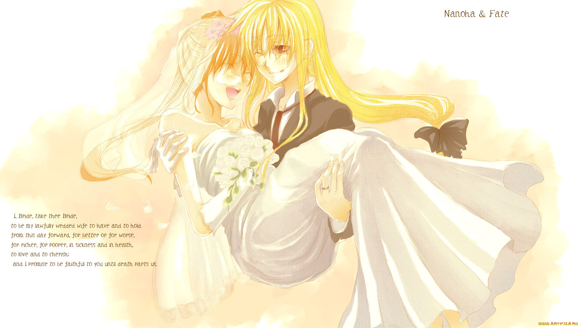 аниме, mahou, shoujo, lyrical, nanoha, пара, свадебное, платье, невеста, жених, свадьба, улыбаются