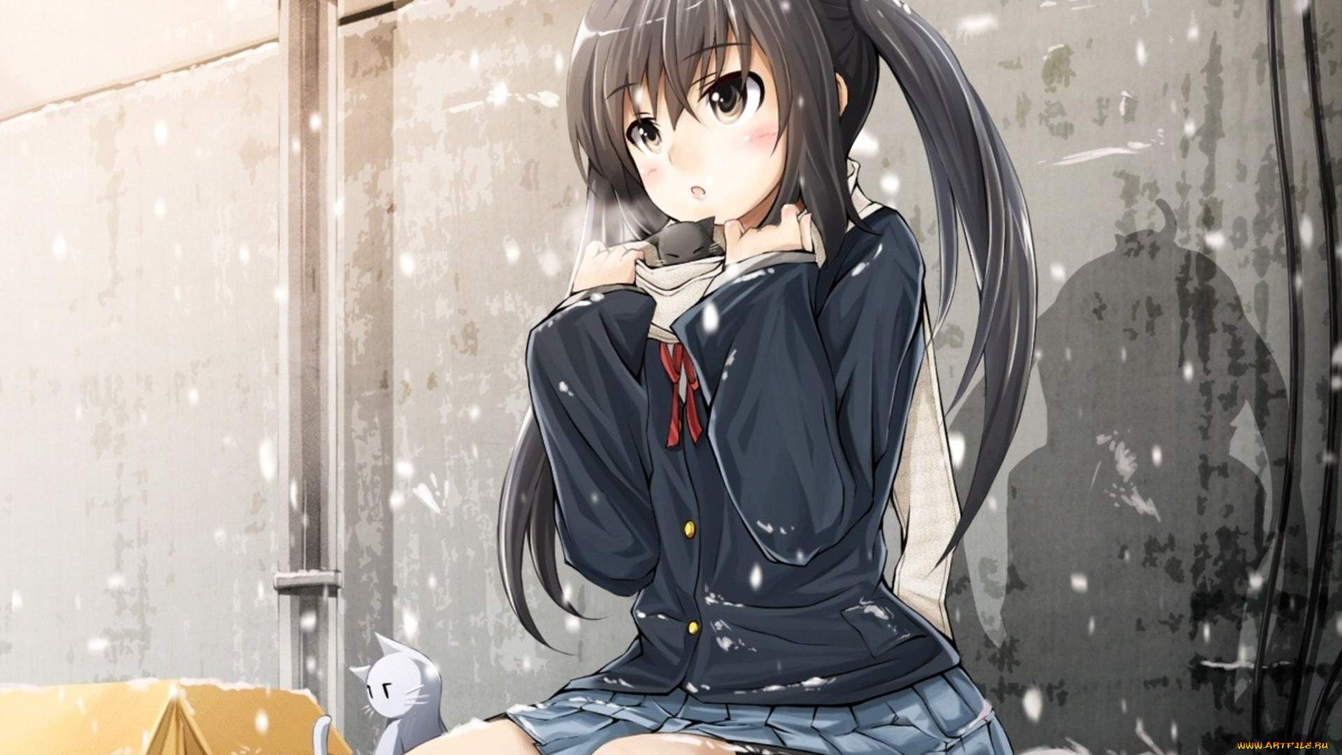 аниме, on, зима, кошки, девочка, nakano, azusa, коробка, форма, снег