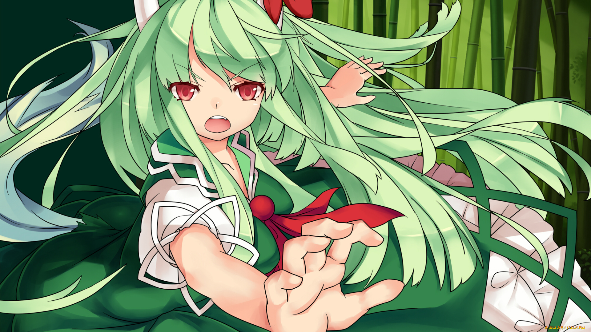 аниме, touhou, бантик, зелень, рога, девушка, демон