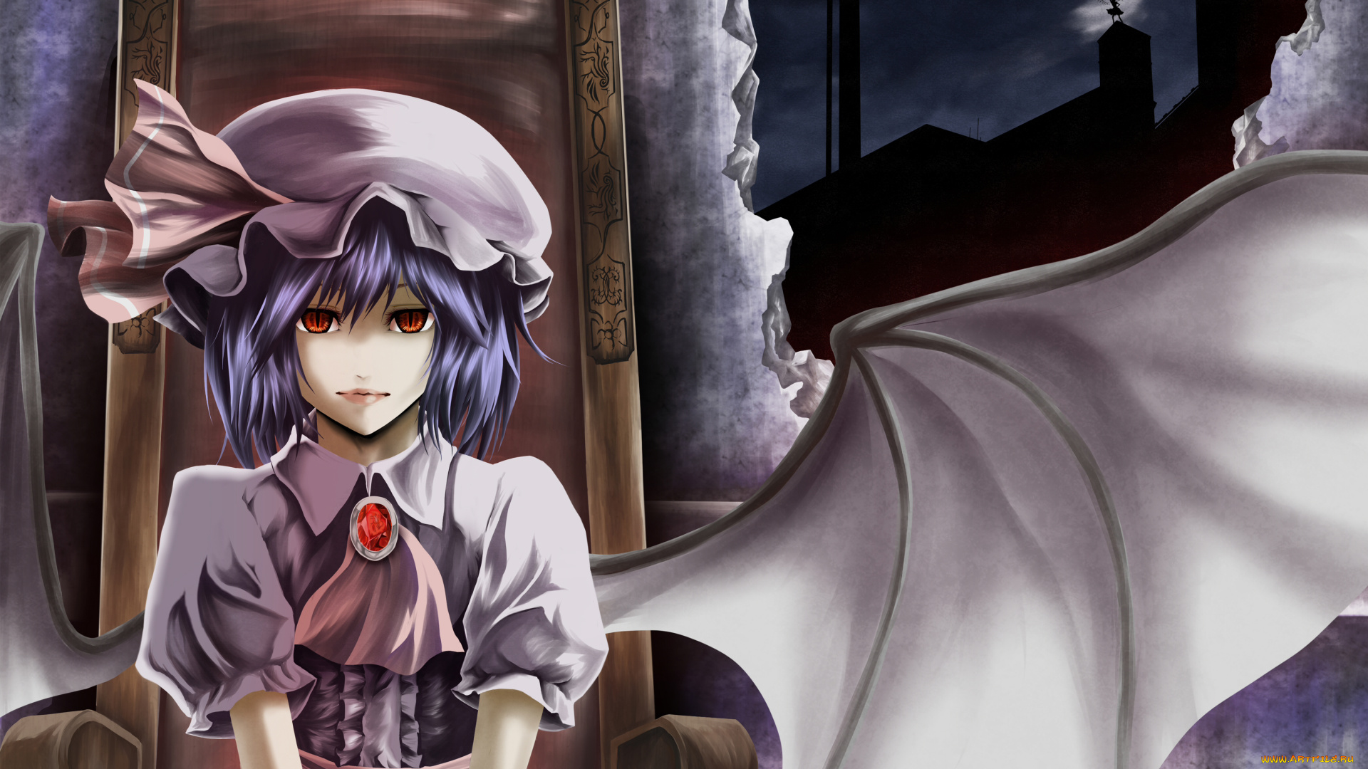 аниме, touhou, глаза, крылья, ночь, демоница, ремилия