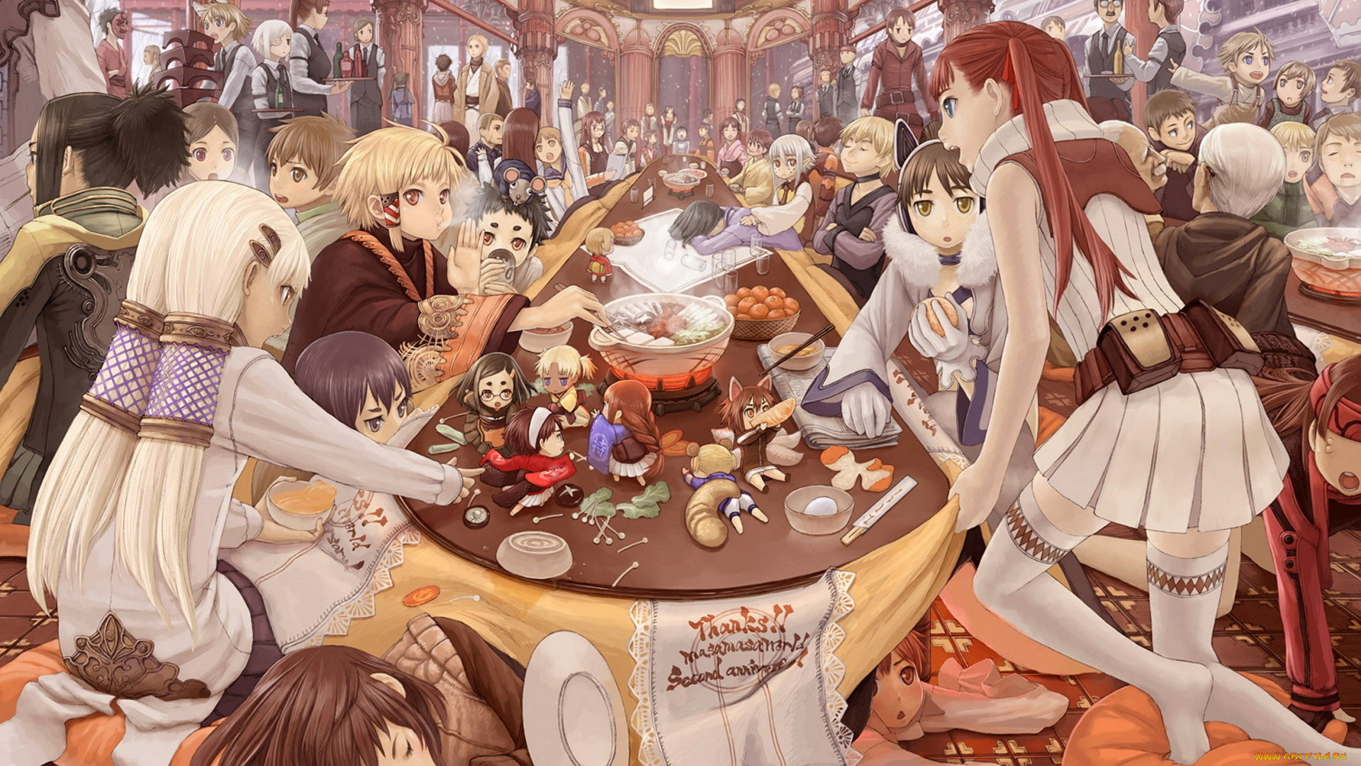 аниме, *unknown, другое, парни, девушки, праздник, блюда, торжество, стол
