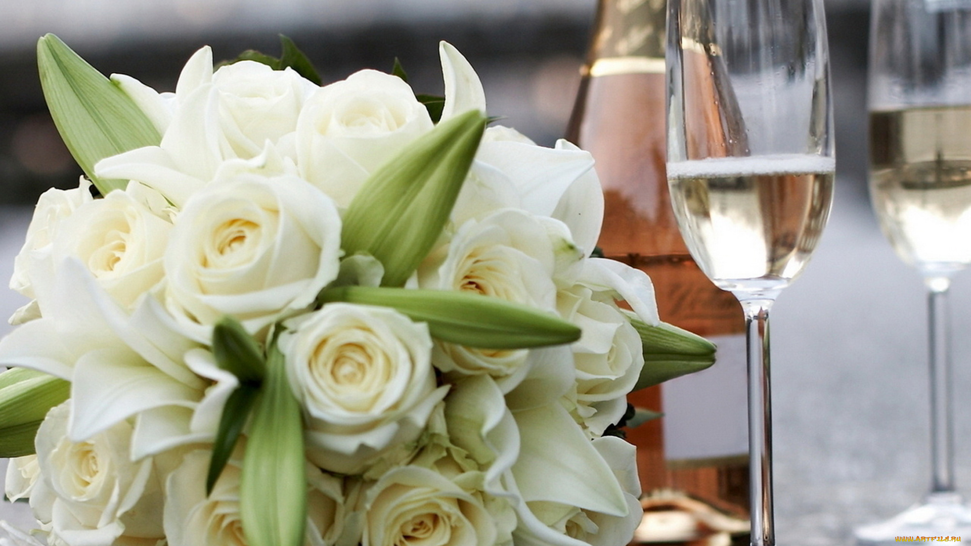 цветы, букеты, композиции, букет, розы, лилии, шампанское