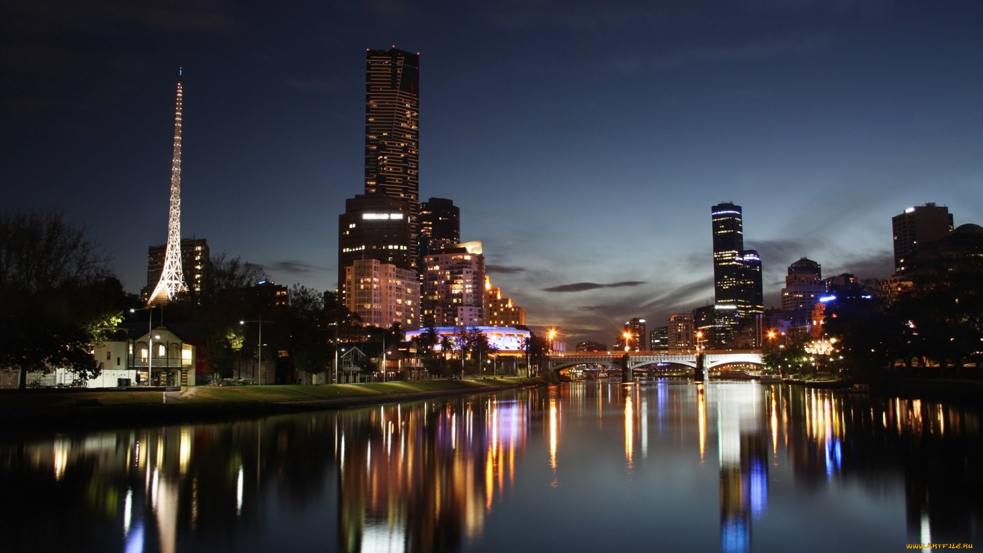 города, огни, ночного, река, здания, мост