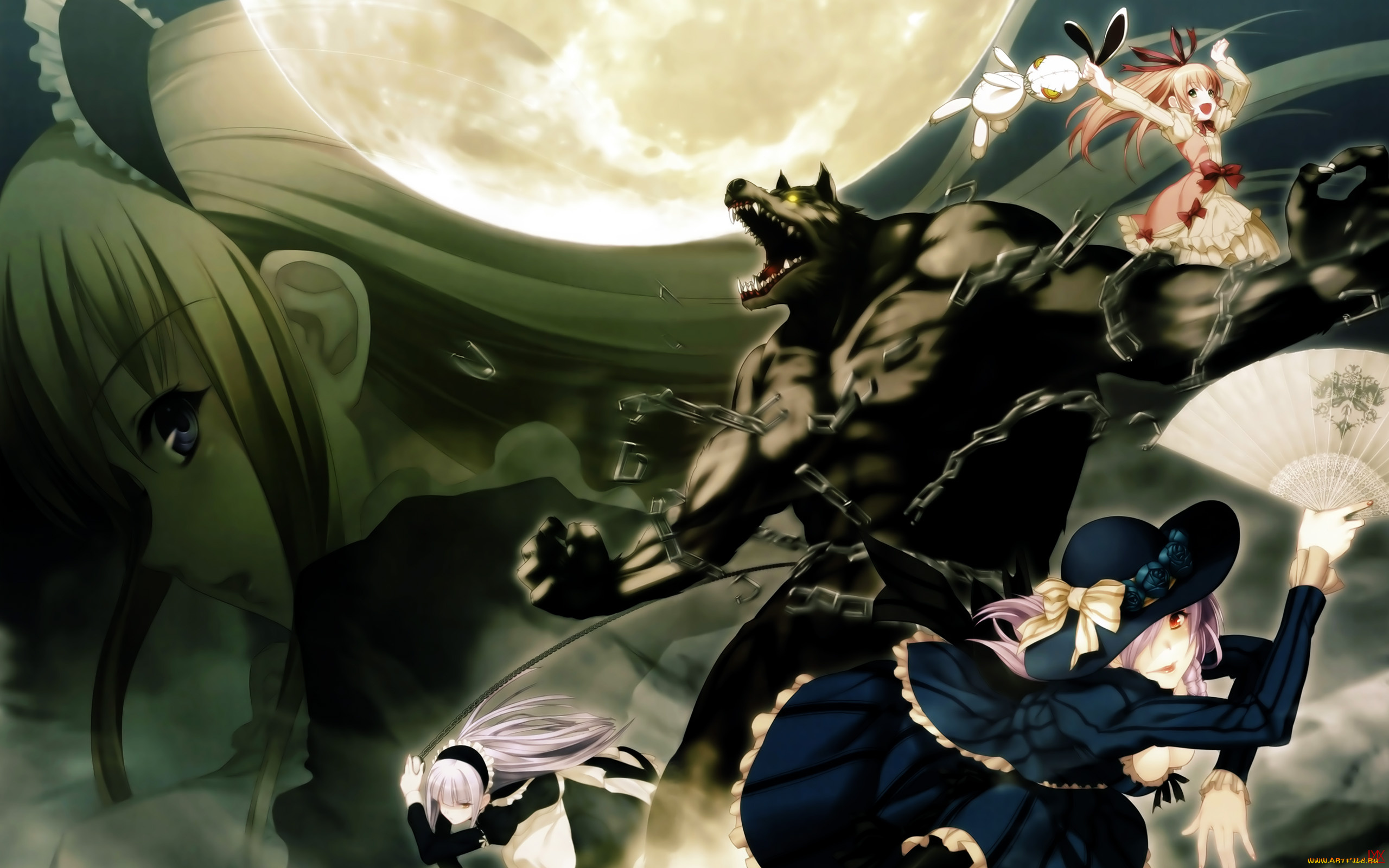 аниме, gekkou, no, carnevale, луна, цепи, оборотень, девушки