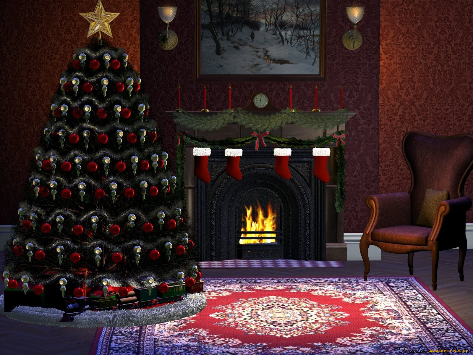3д, графика, holidays, праздники, камин, елка, стул