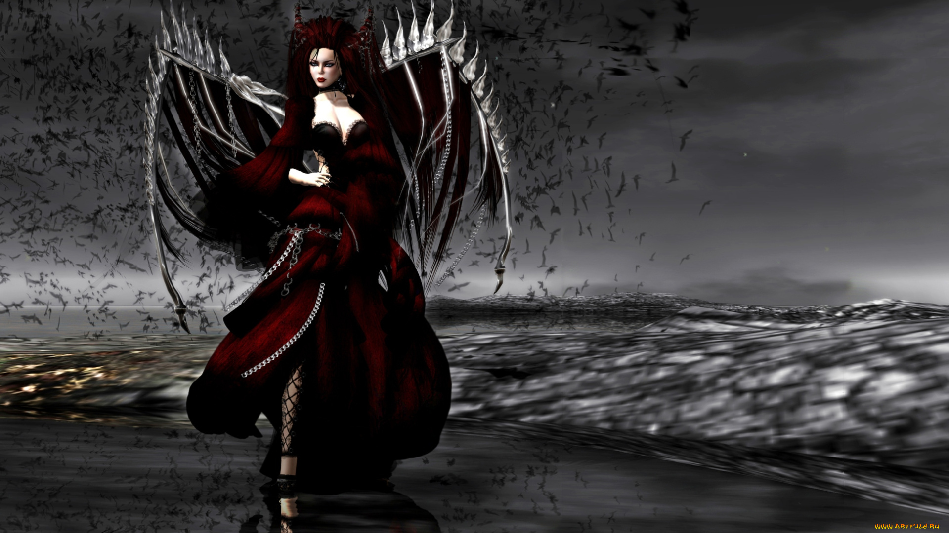 3д, графика, creatures, существа, демонесса, море, крылья