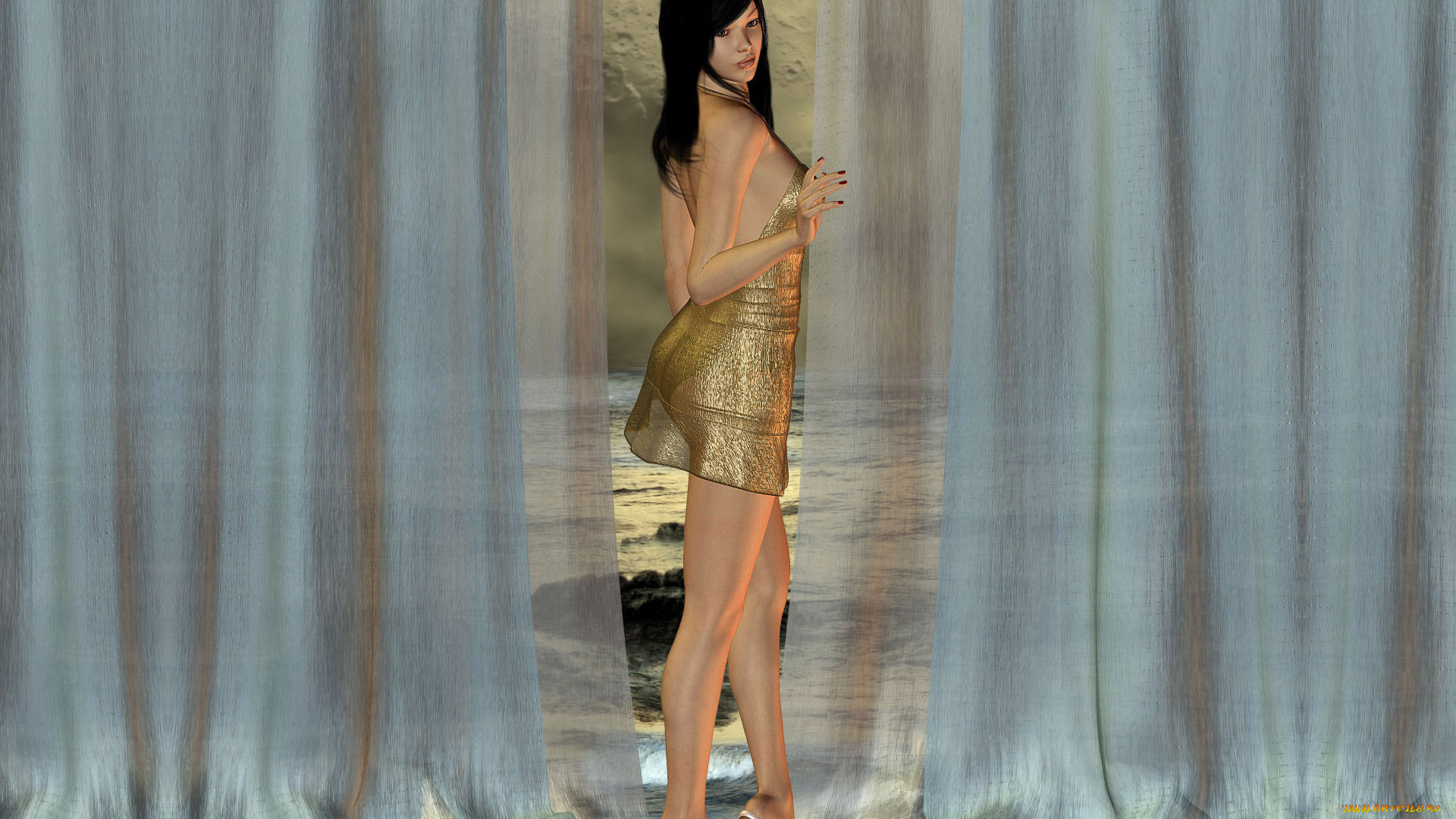 3д, графика, people, люди, смотрит, занавески, стоит, девушка