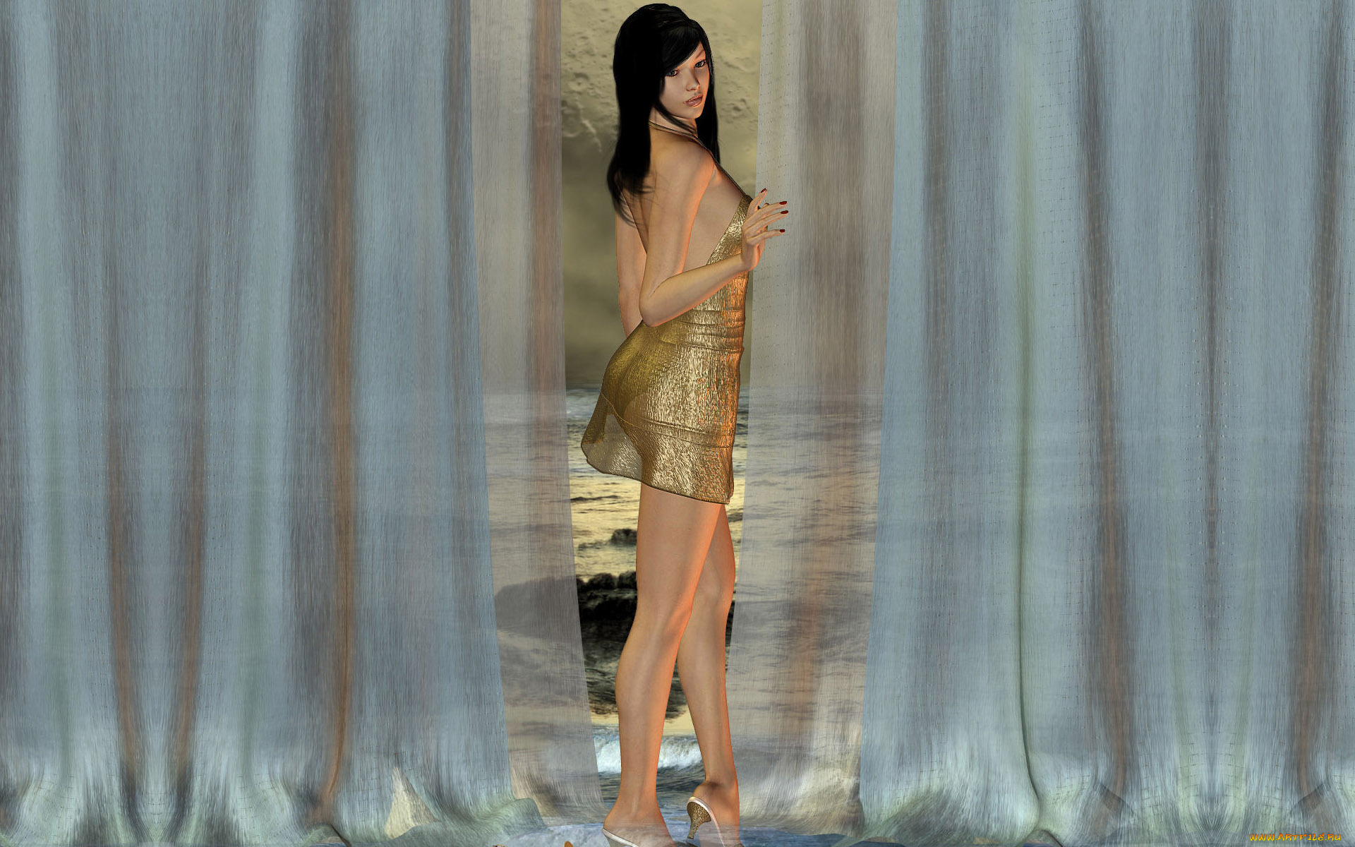 3д, графика, people, люди, смотрит, занавески, стоит, девушка