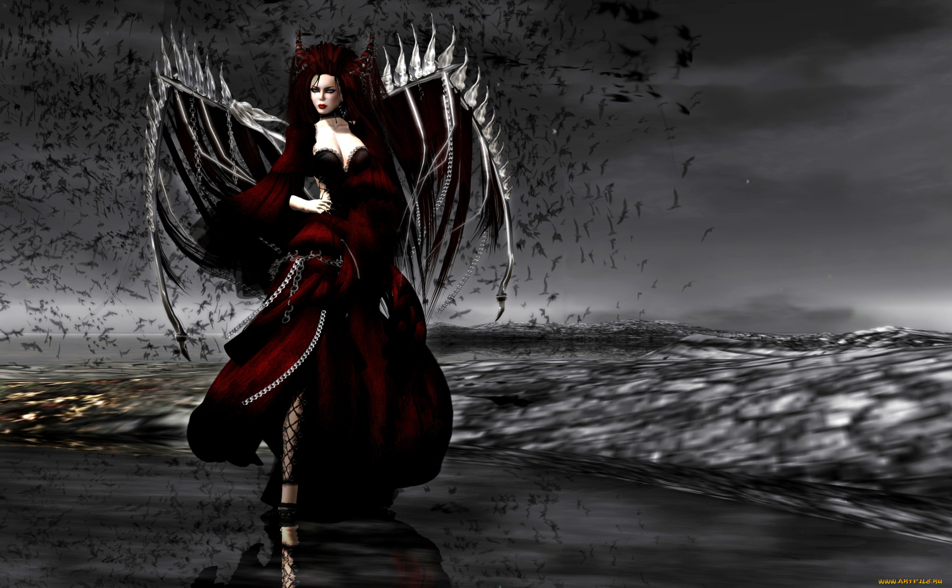 3д, графика, creatures, существа, демонесса, море, крылья