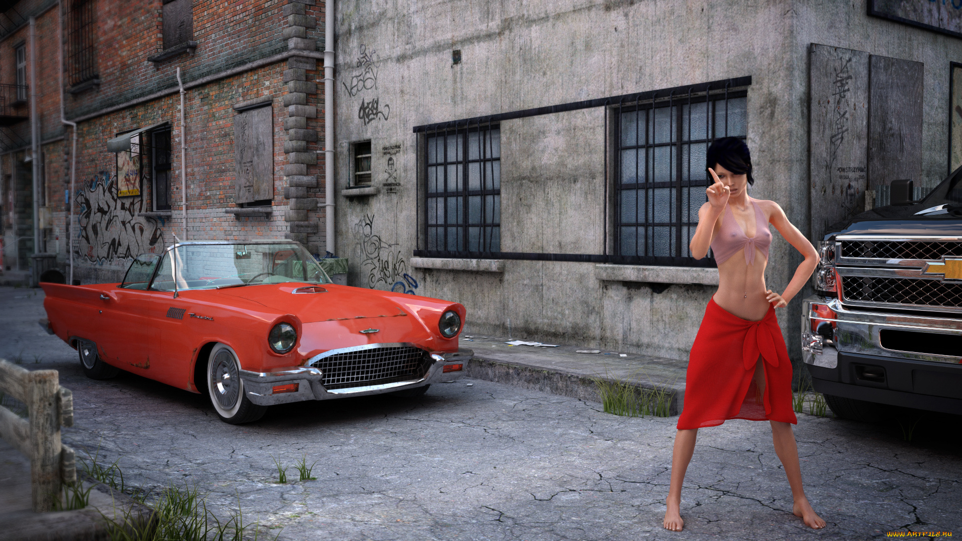 автомобили, 3д, девушка, автомобиль, улица