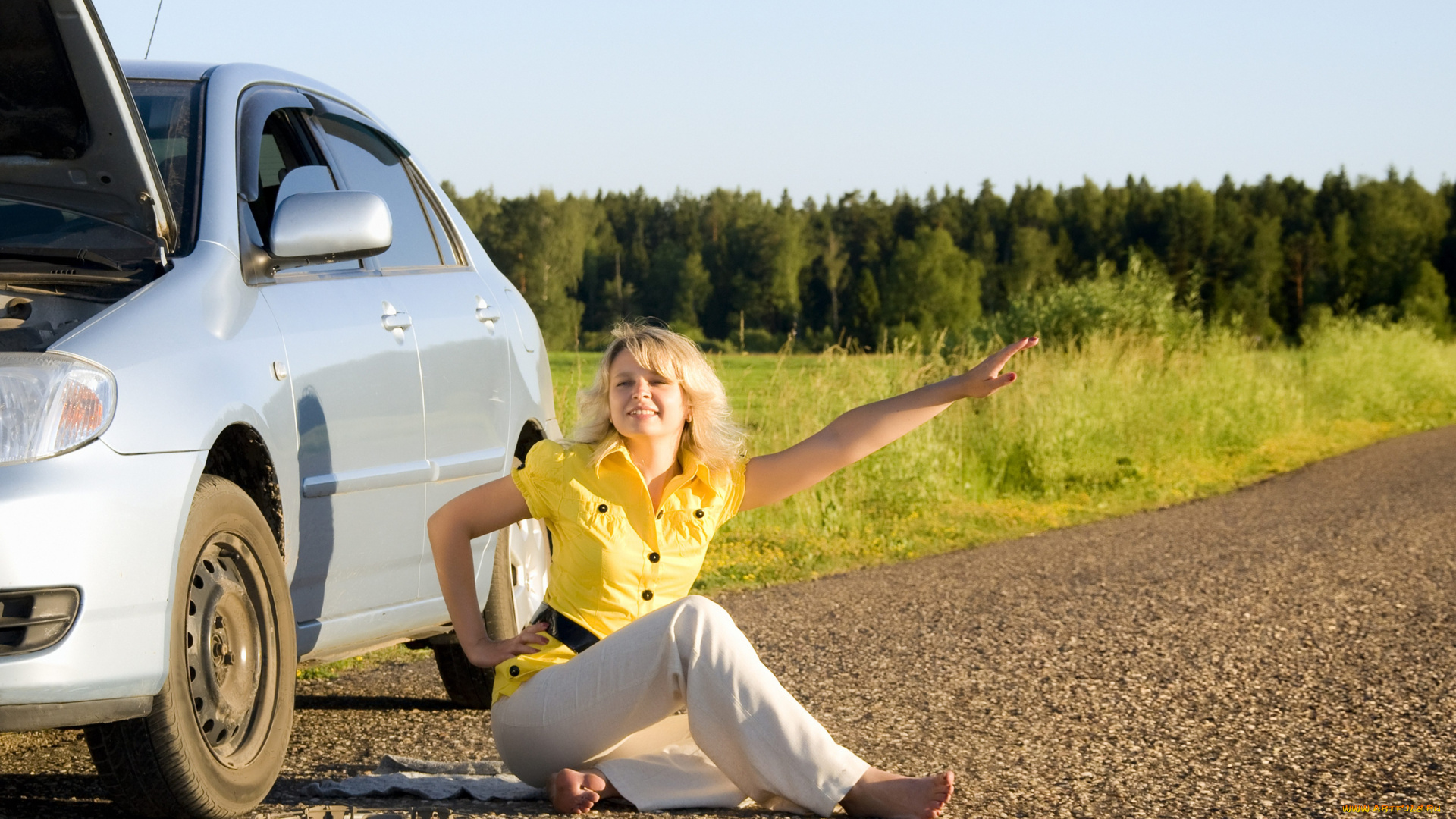автомобили, авто, с, девушками, дорога, сломанный, автомобиль, отвертка, небо, лес, трава