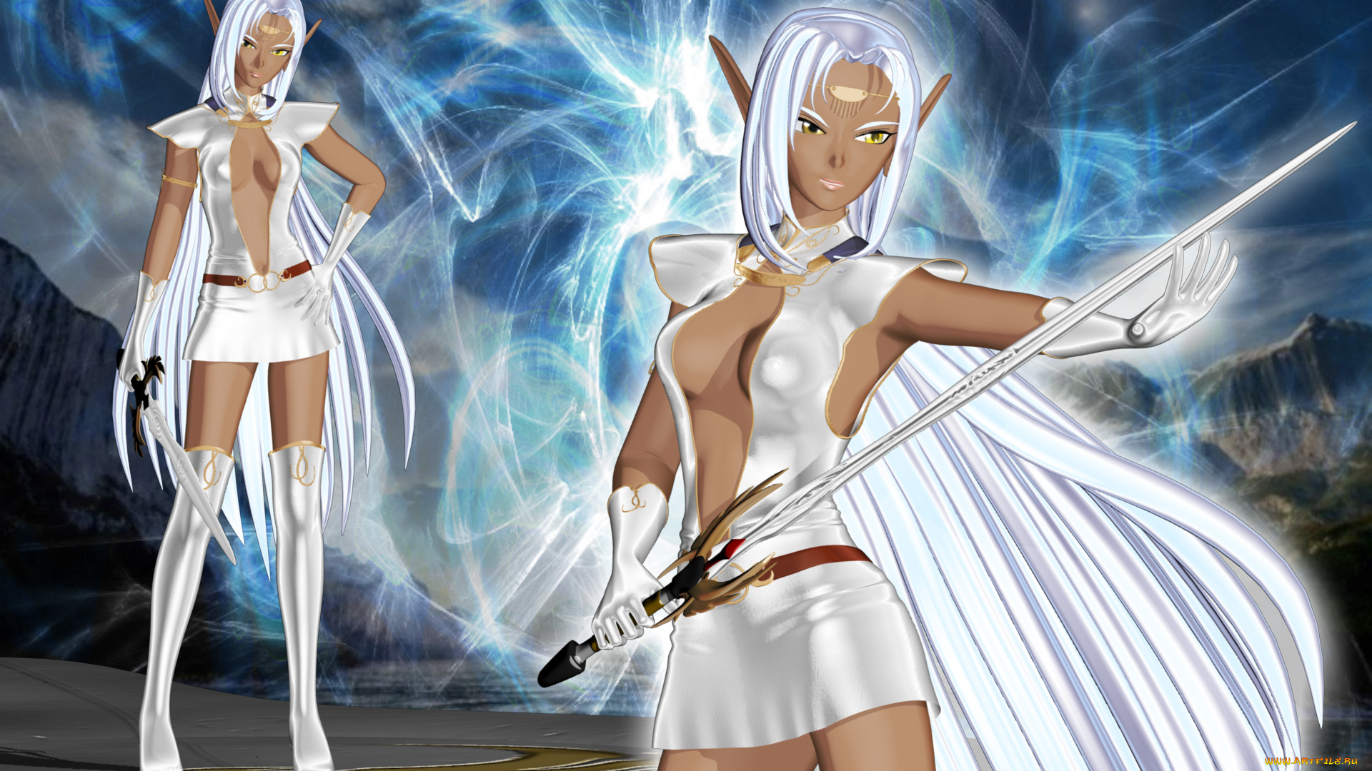 3д, графика, эльфы, , elves, эльфийки, оружие, фон, взгляд