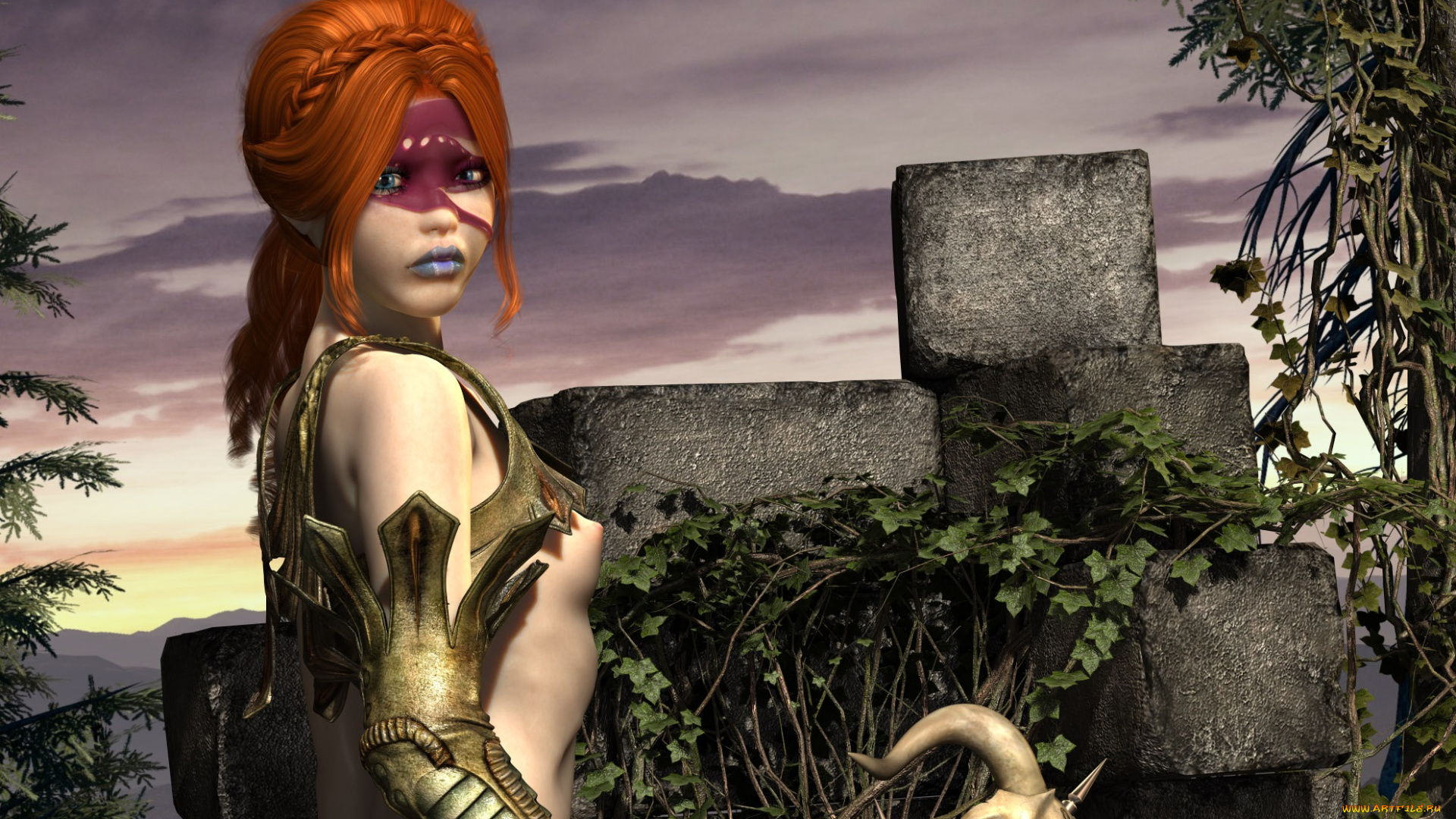 3д, графика, эльфы, , elves, фон, взгляд, девушка, рыжая, череп, грудь