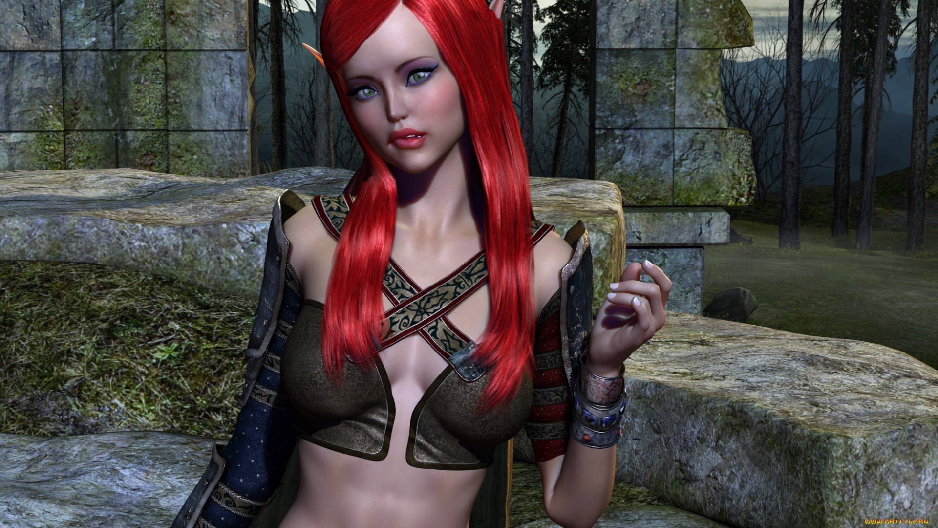 3д, графика, эльфы, , elves, фон, взгляд, эльфийка