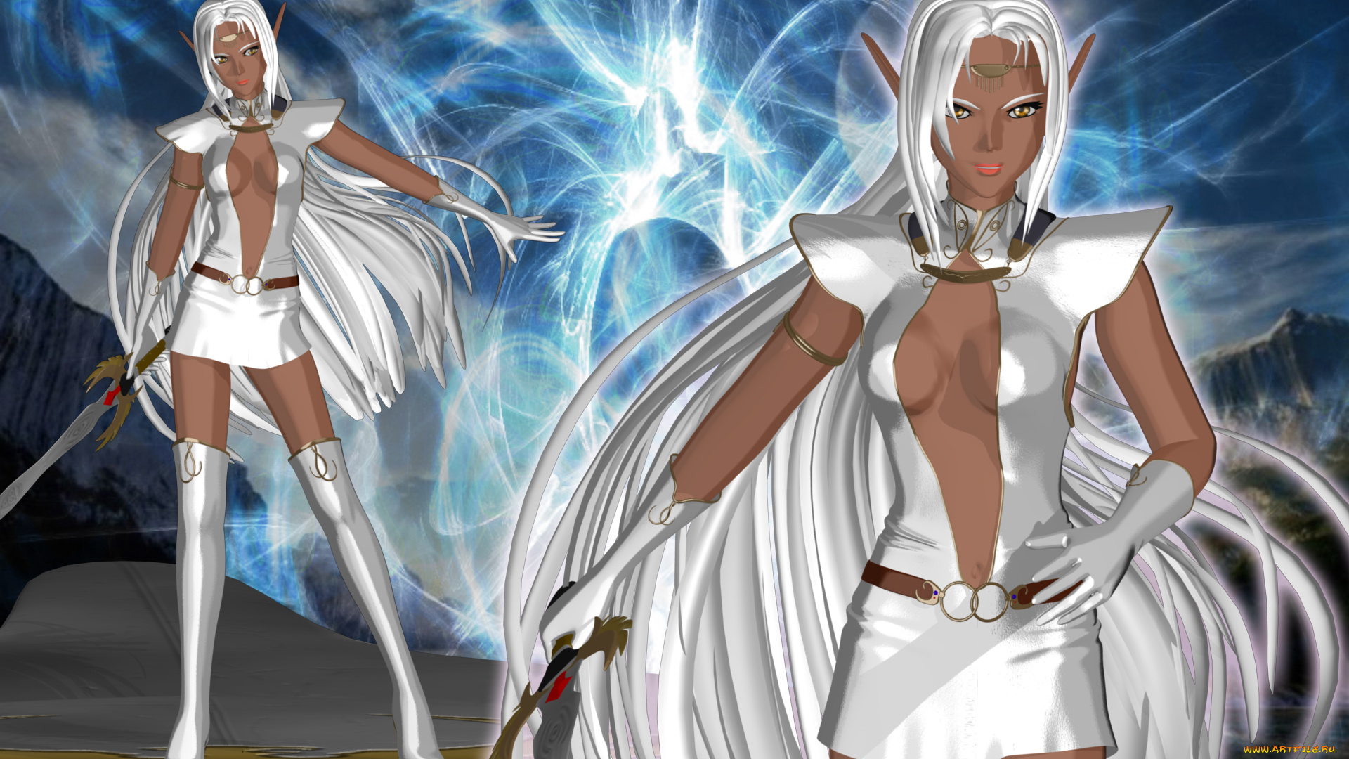 3д, графика, эльфы, , elves, фон, взгляд, эльфийки, оружие