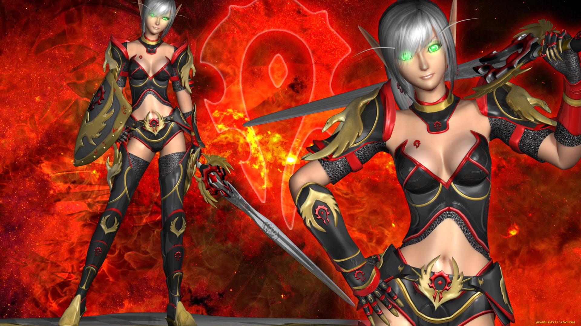 3д, графика, эльфы, , elves, оружие, взгляд, фон, магия, эльфийки