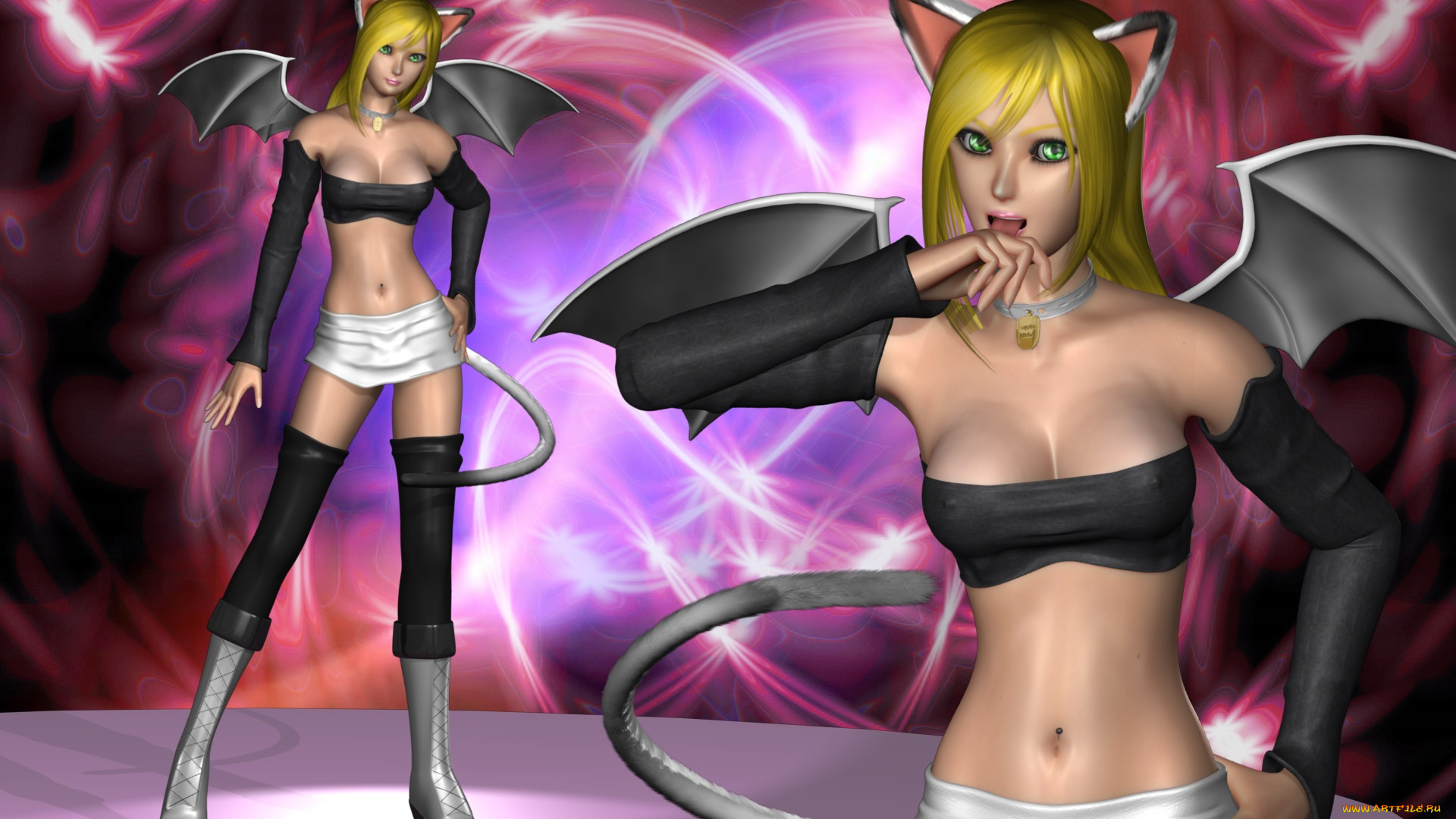 3д, графика, фантазия, , fantasy, девушки, летучие, мыши, ушки, хвостики, крылья, взгляд