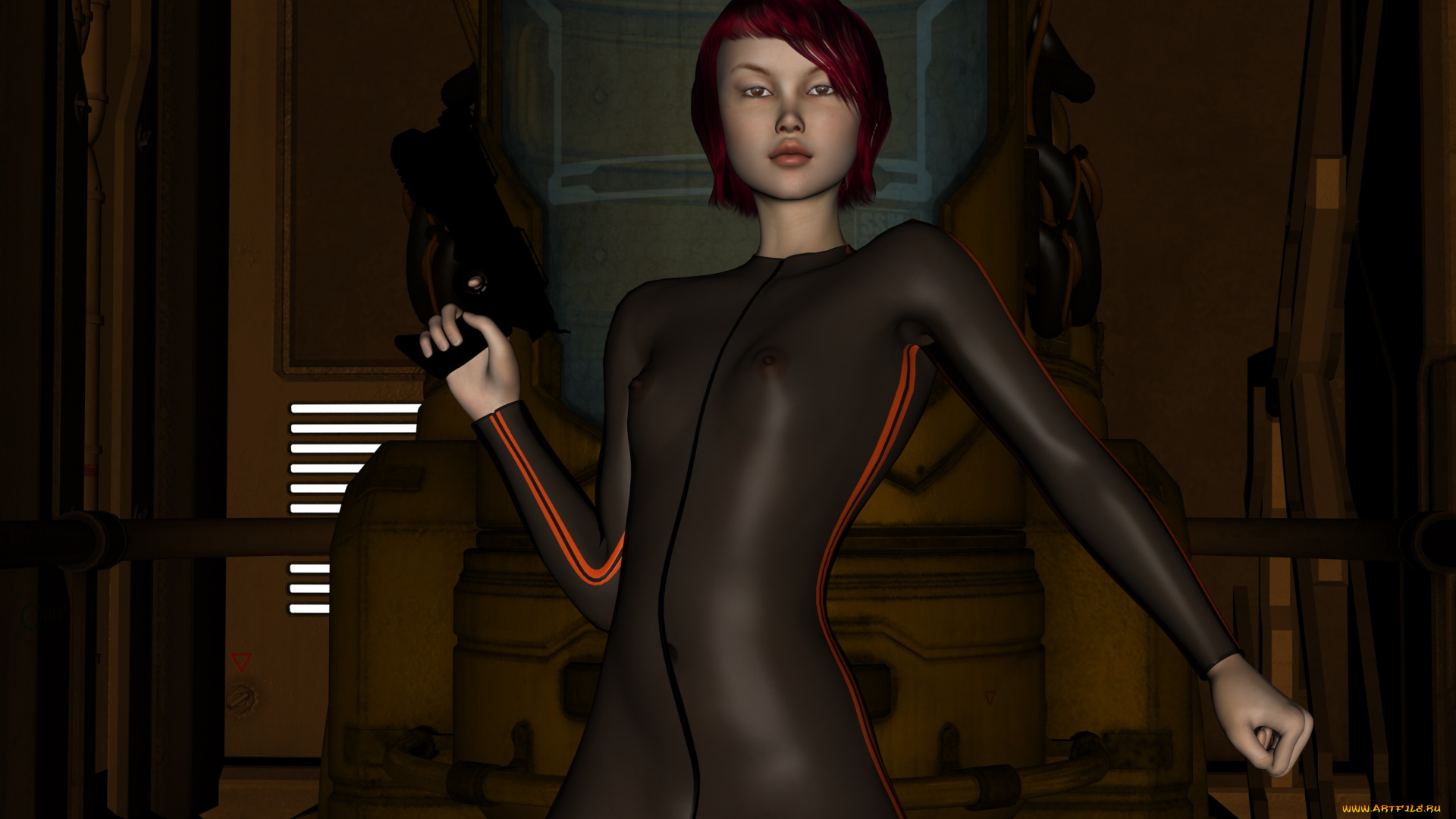 3д, графика, люди, , people, девушка, рыжая, фон, взгляд, оружие, платье