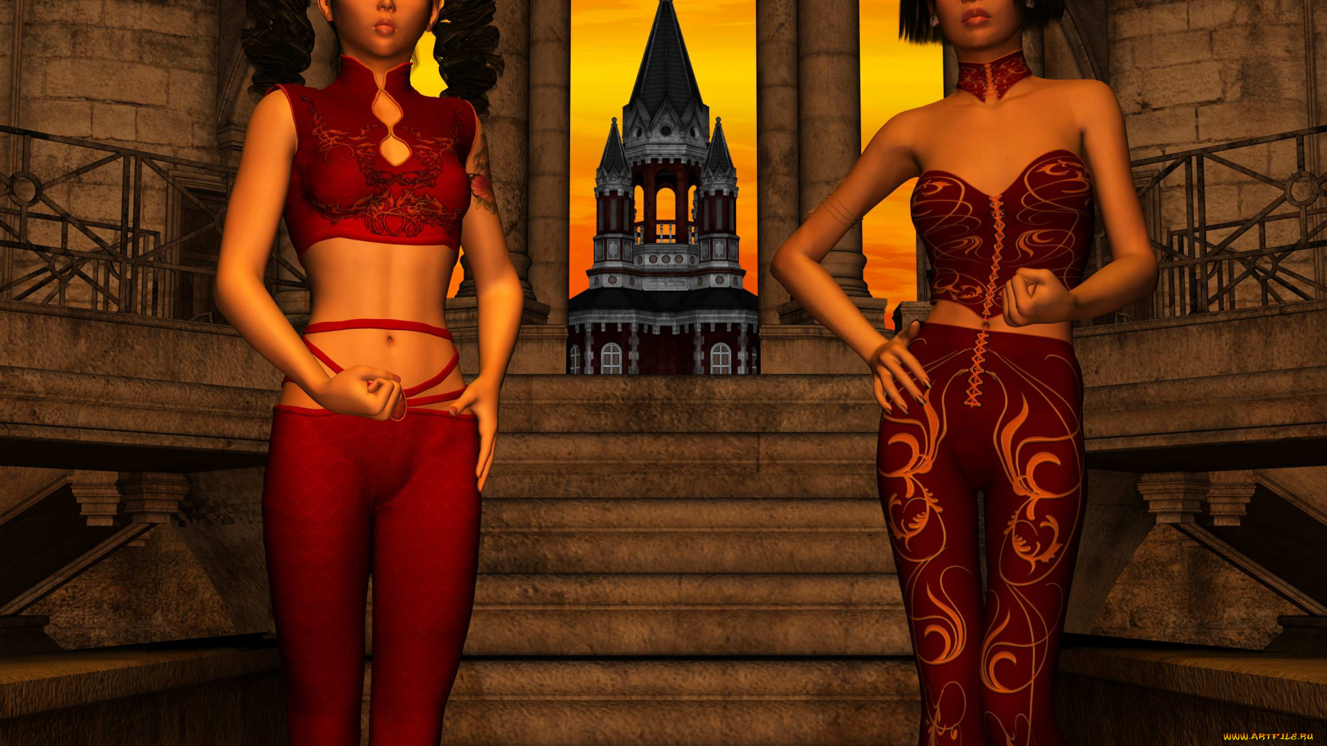 3д, графика, люди, , people, девушки, взгляд, фон, лестница, башня