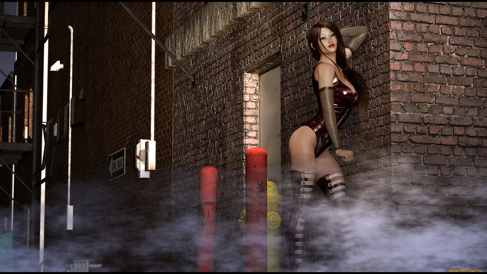 3д, графика, люди, , people, улица, дом, дымка, девушка, взгляд, фон