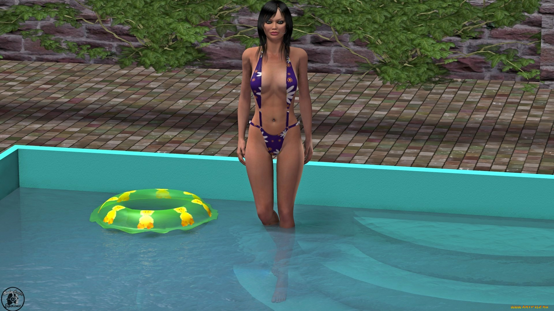 3д, графика, люди, , people, забор, растение, бассейн, купальник, круг, фон, взгляд, девушка