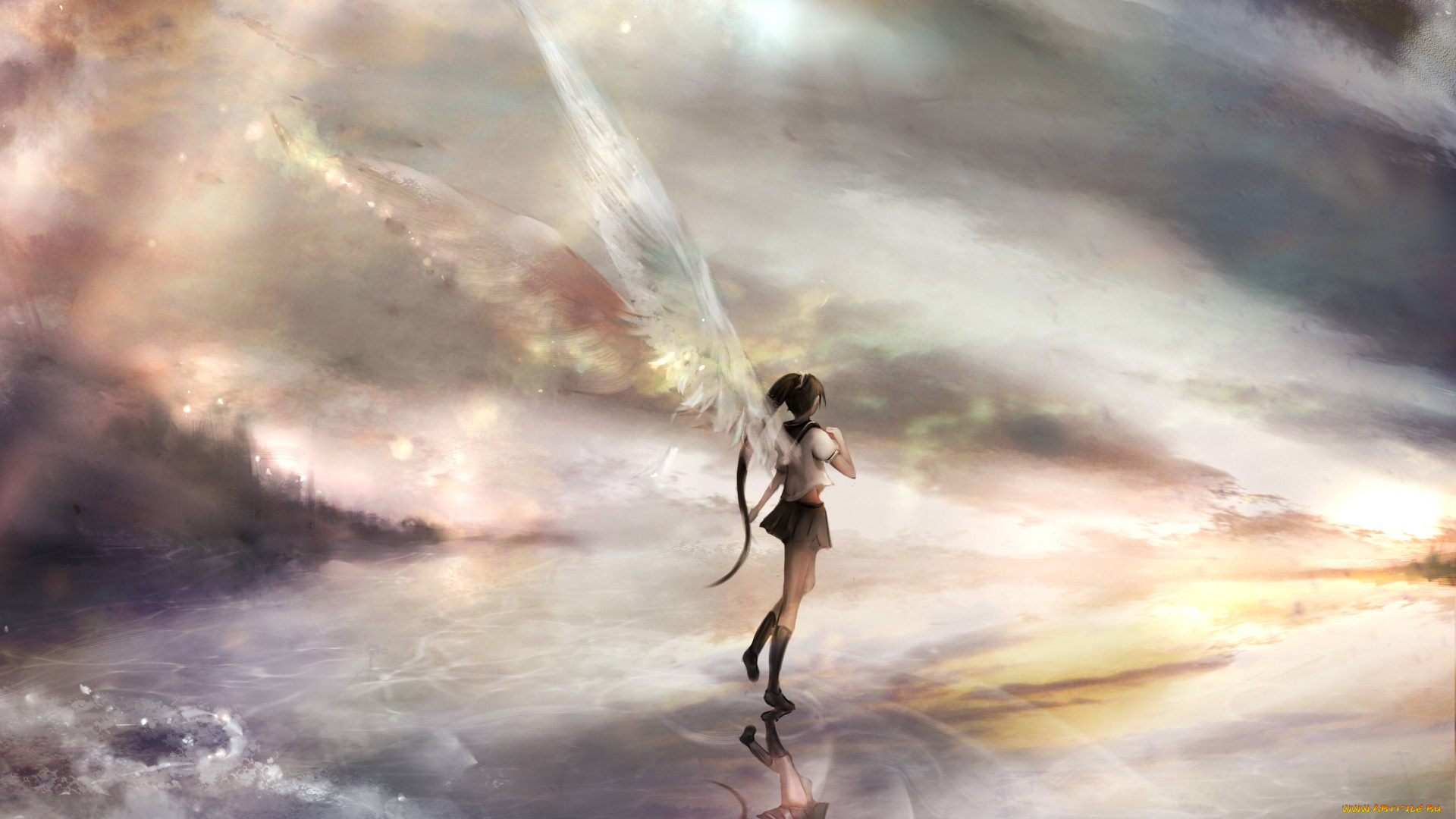 аниме, ангелы, , демоны, zhang, xiao, bo, арт, девушка, небо, облака, крылья, ангел