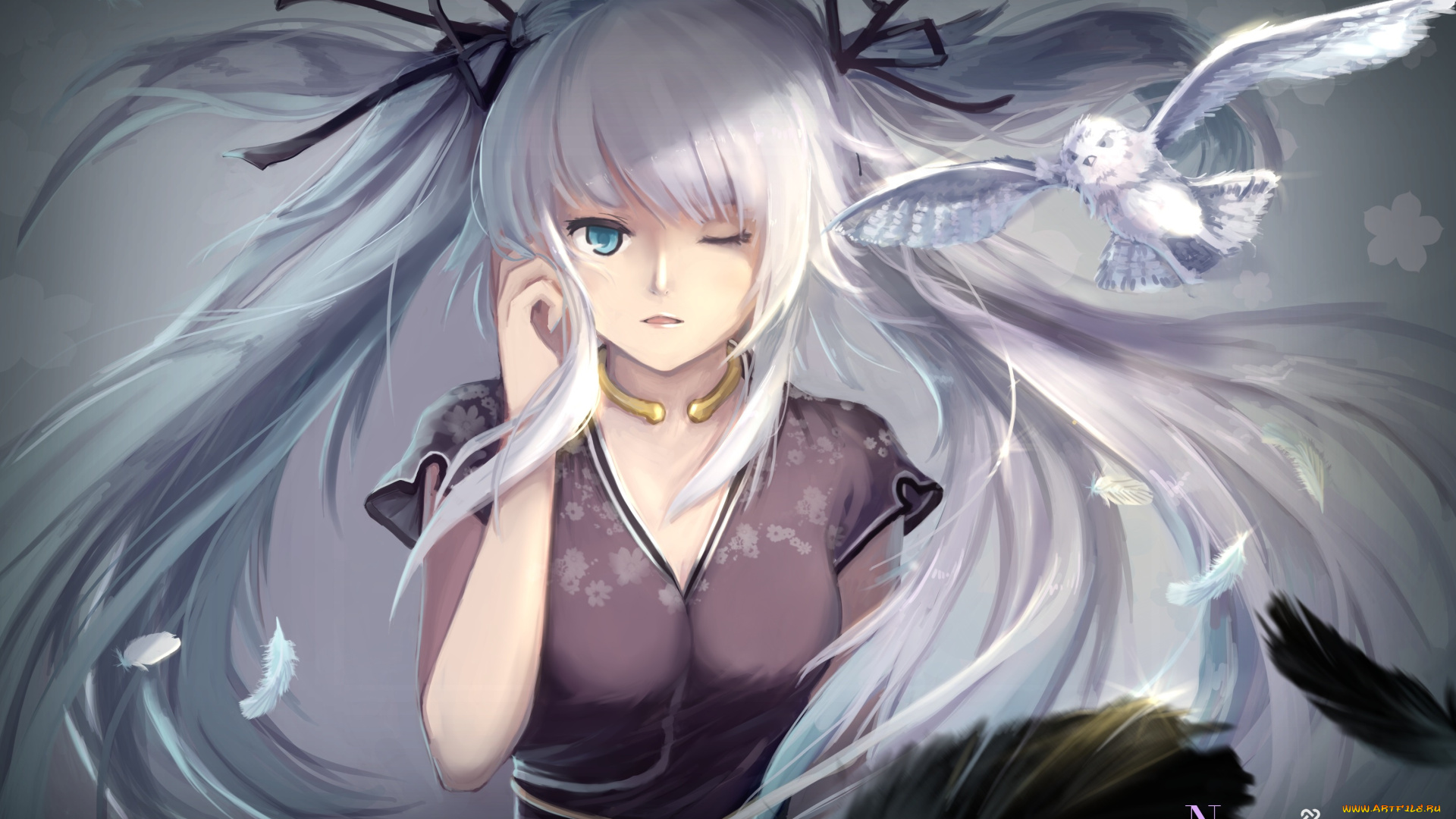 аниме, mabinogi, перья, птица, девушка, арт, взгляд, волосы, серые, minhoo, nao, цветы, сова, животное