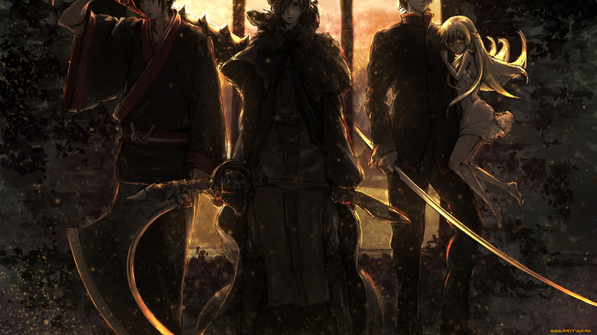 аниме, оружие, , техника, , технологии, araragi, koyomi, oshino, shinobu, облака, булава, небо, закат, окно, свет, катана, коса, девочка, парни, moses, hoozuki