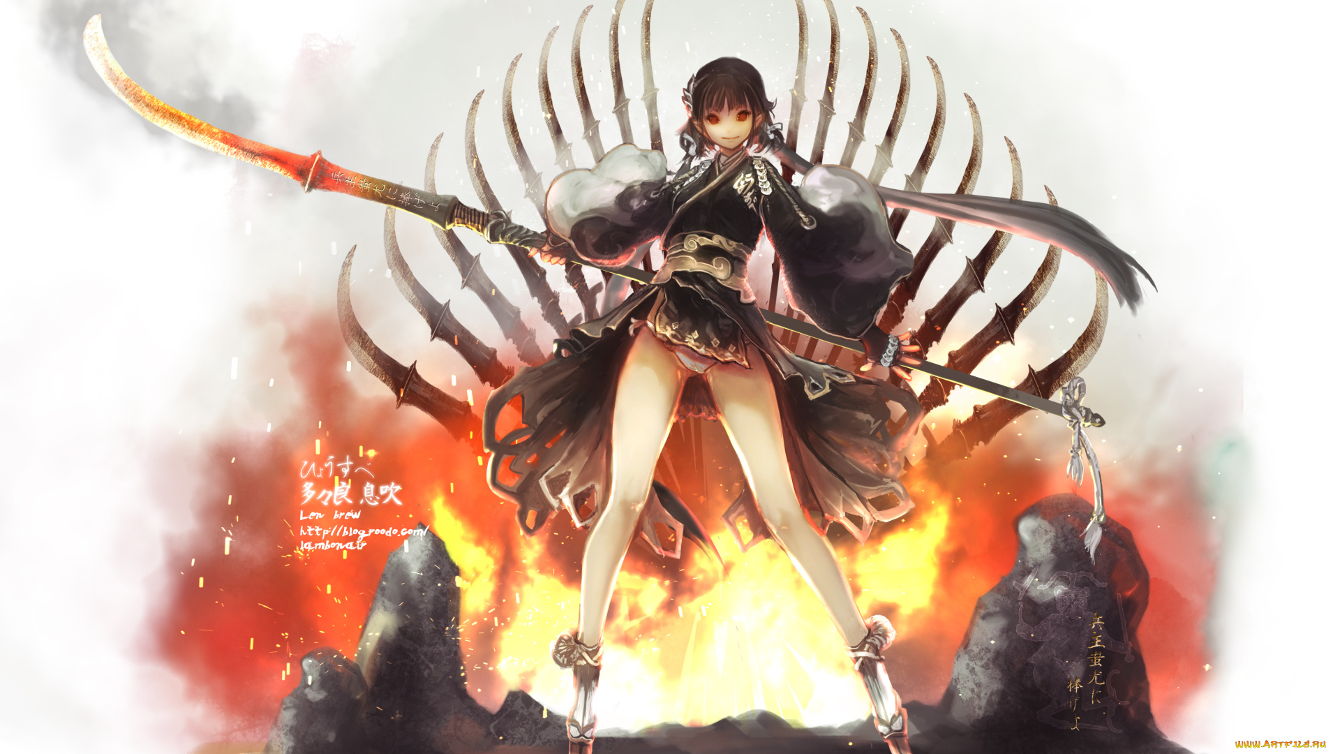 аниме, оружие, , техника, , технологии, поза, взгляд, камни, дым, фон, брюнетка, улыбка, белый, ноги, огонь, девушка, арт, brew, len