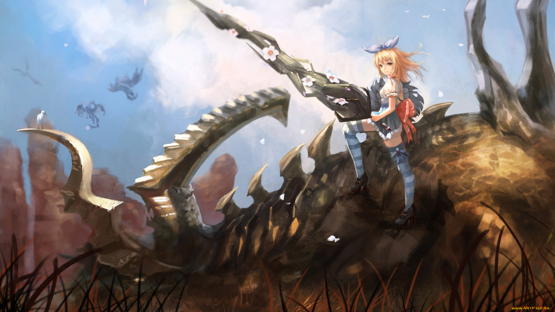 аниме, оружие, , техника, , технологии, tera, online, elin, magician, artist, арт, девушка, небо, птица, дракон, рога, цветы