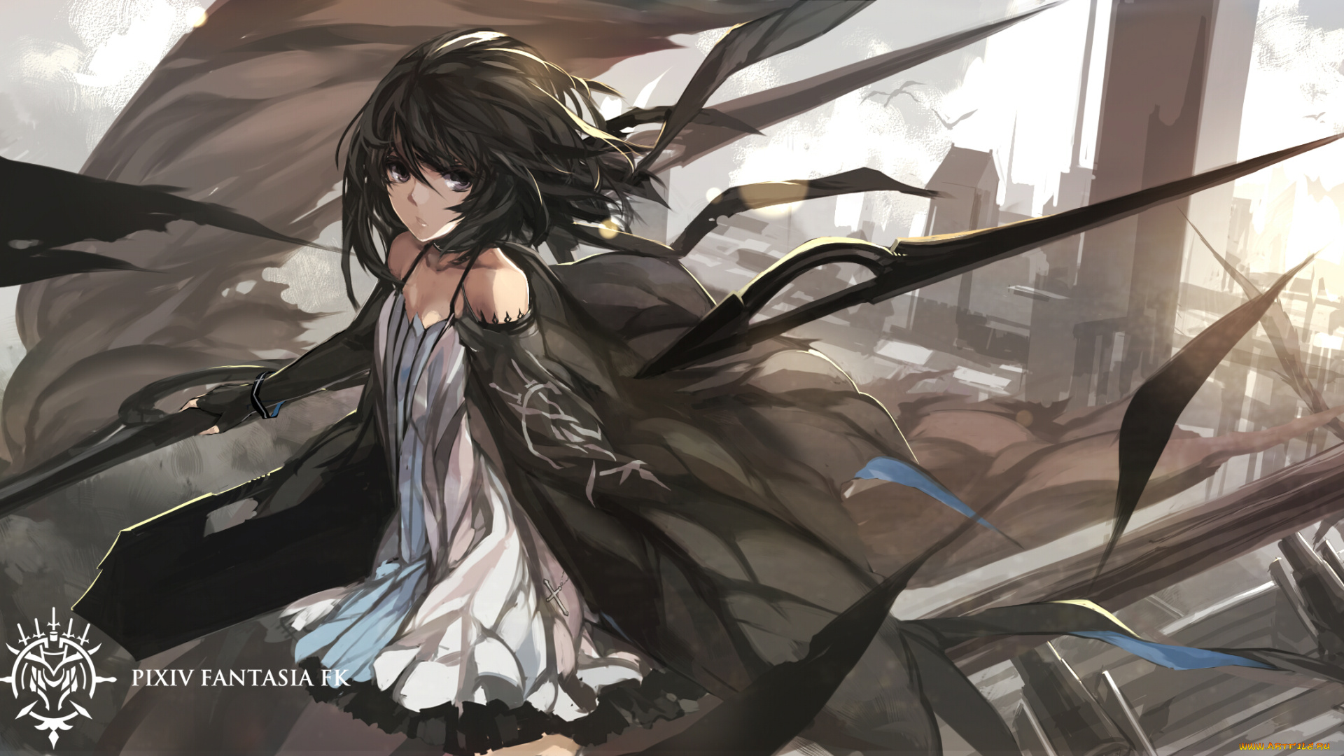 аниме, pixiv, fantasia, брюнетка, арт, swd3e2, девушка