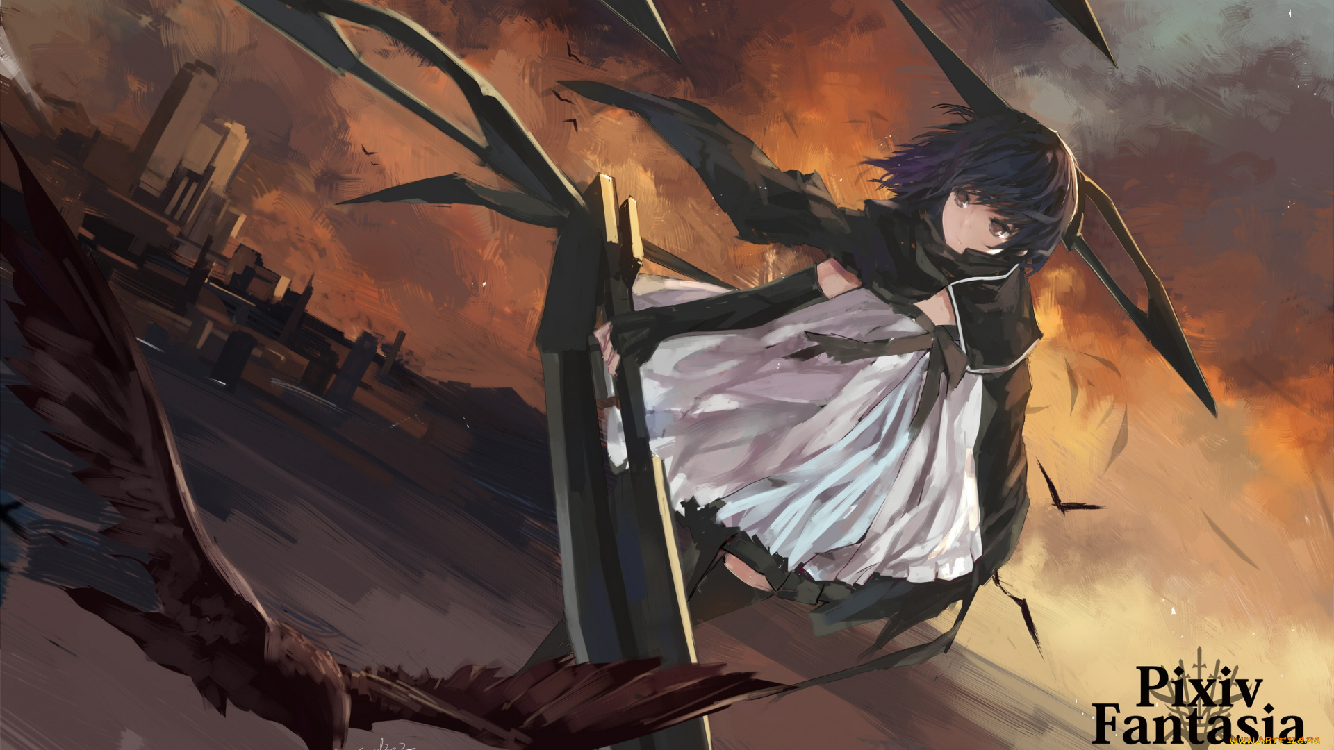 аниме, pixiv, fantasia, брюнетка, swd3e2, pffk, pixiv, fantasia, paradise, арт, небо, девушка, закат