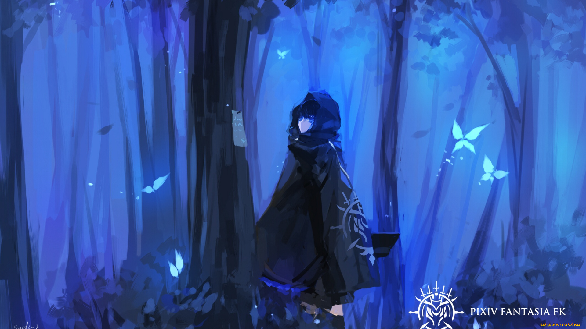 аниме, pixiv, fantasia, pffk, paradise, fantasia, pixiv, брюнетка, девушка, сумерки, туман, бабочки, деревья, лес, арт, swd3e2