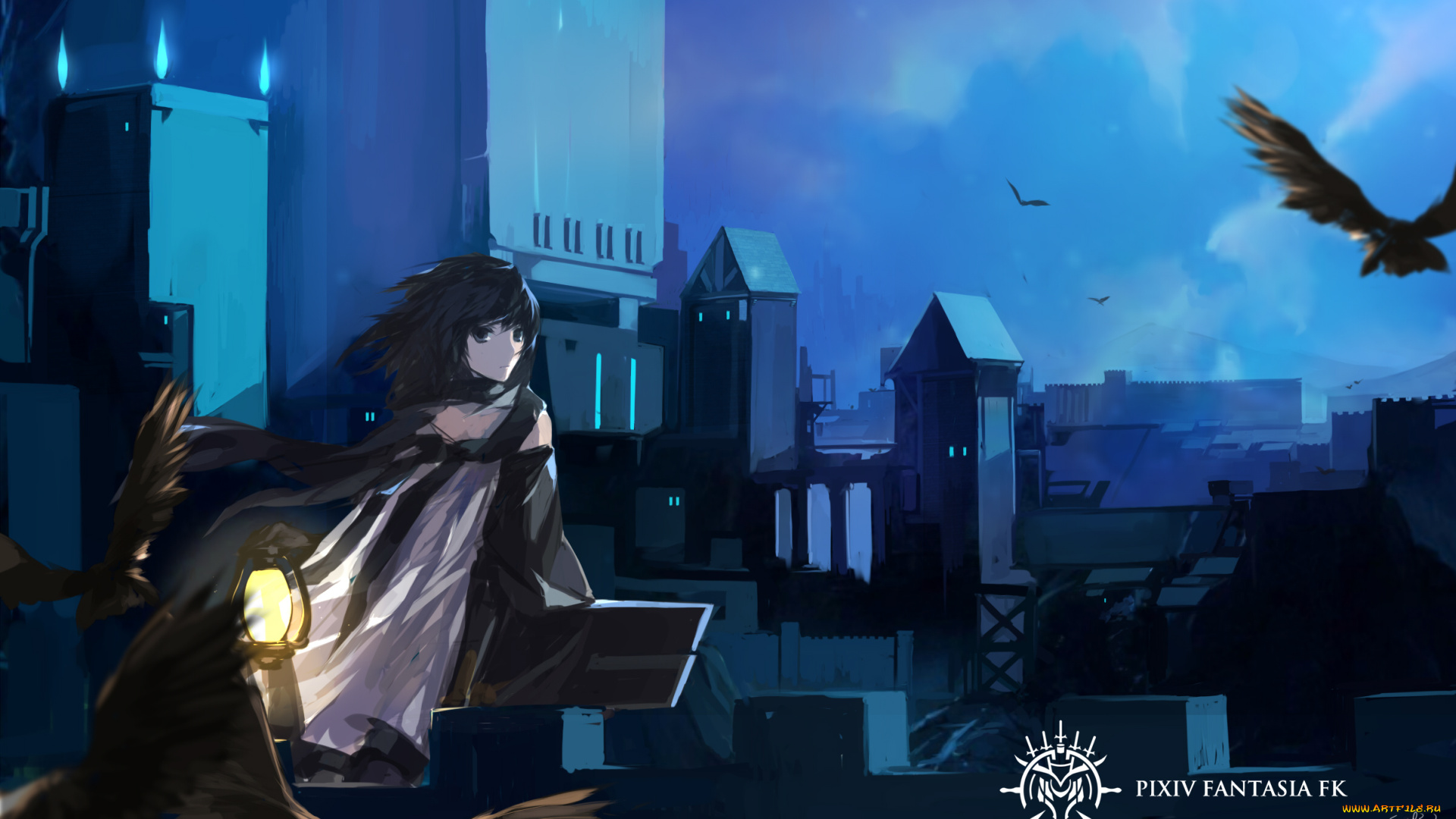 аниме, pixiv, fantasia, птица, город, дома, закат, девушка, небо, арт, swd3e2, pffk, paradise, fantasia, pixiv