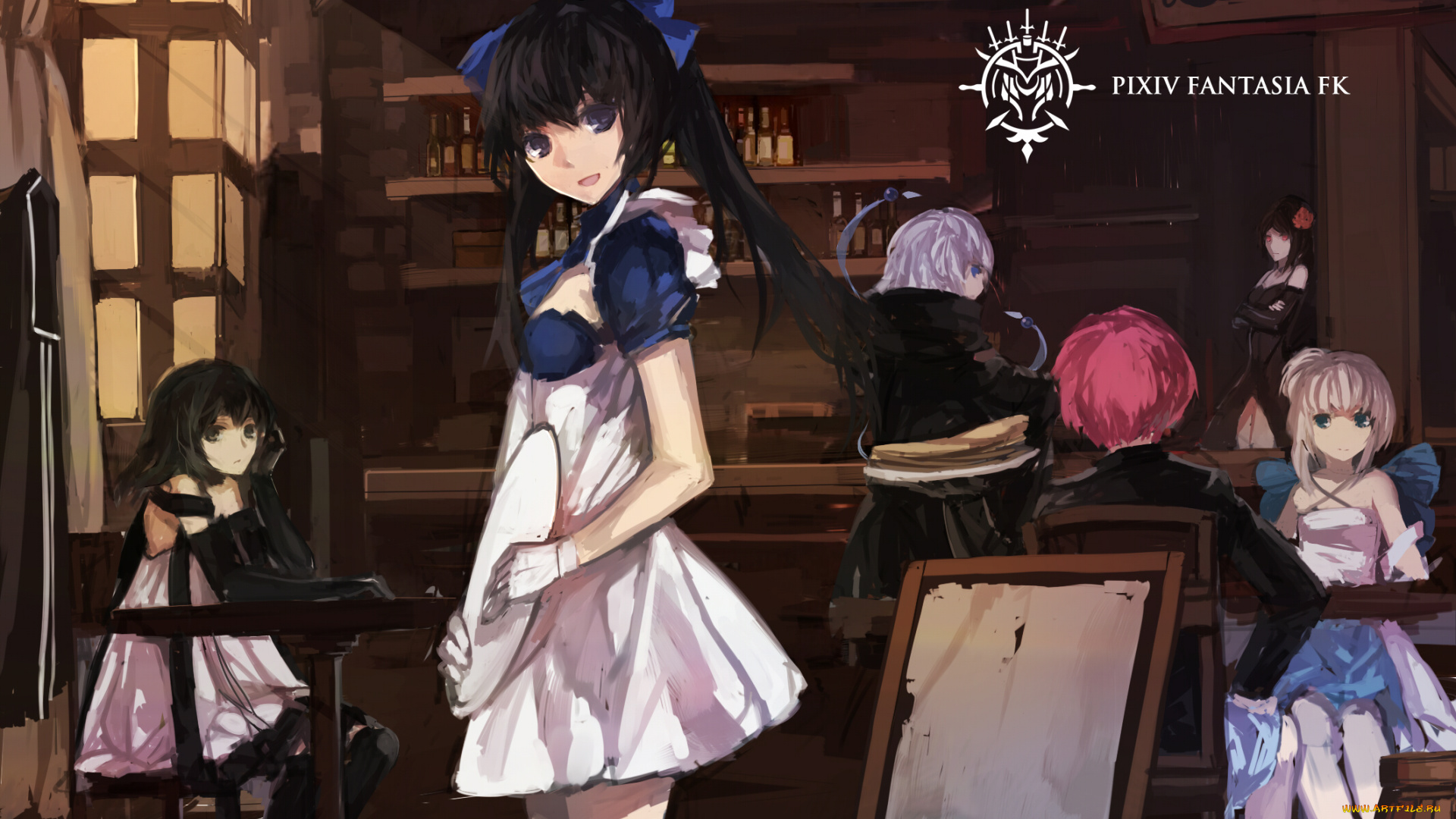 аниме, pixiv, fantasia, swd3e2, столики, pffk, paradise, окно, арт, девушки, pixiv, fantasia, бутылки, кафе