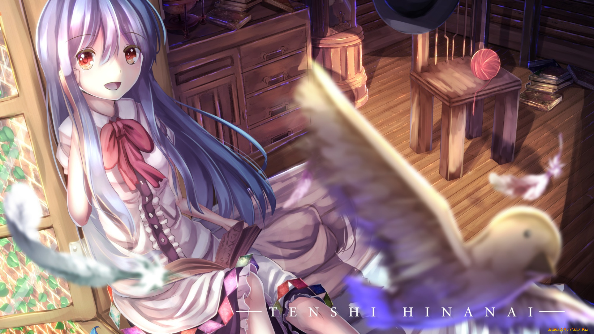 аниме, touhou, hinanawi, tenshi, kagayan1096, арт, девушка, улыбка, комната, клубок, птица, голубь